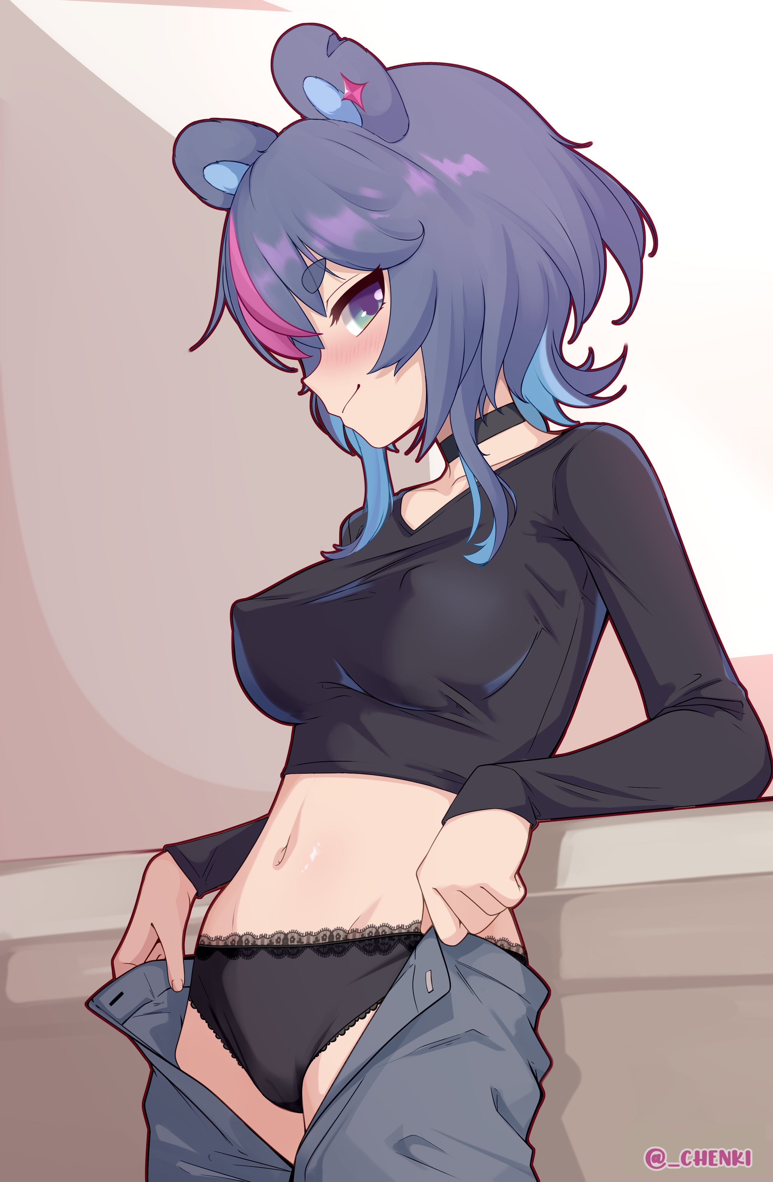 1girls, animal ears, artist name, bear ears, bear girl, belly button, black panties, blue eye, blue hair, blush, chenki, choker, female, female only, fujikura uruka, light skin, light-skinned female, looking at viewer, nipple bulge, nose blush, panties, pants, phase connect, phase origins, removing pants, solo, thick eyebrows, unbuttoned, unbuttoned pants, virtual youtuber