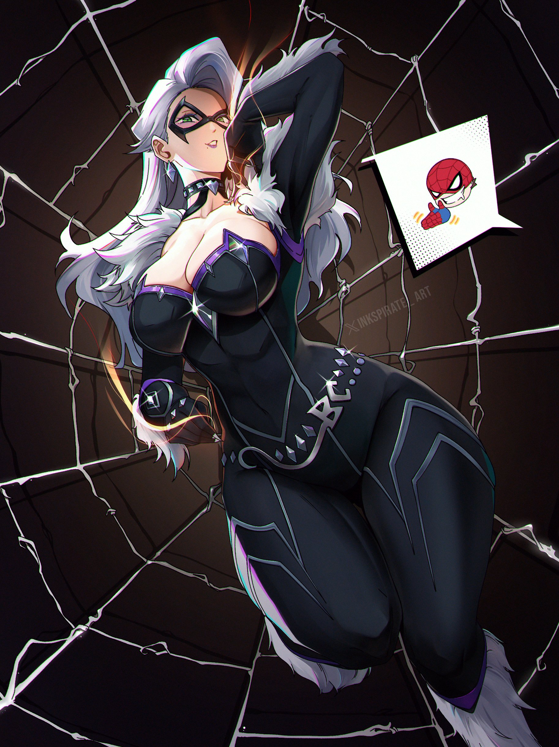 1boy, 1girls, 2026, 2d, big breasts, black cat (marvel), black gloves, bodysuit, breasts, bursting breasts, choker, collar, curvaceous, curvaceous body, curvaceous female, curvaceous figure, curvaceous hips, curvy, curvy body, curvy female, curvy figure, curvy hips, domino mask, eyemask, felicia hardy, female, gloves, green eyes, hips, hourglass figure, huge breasts, inkspirate, large breasts, light skin, light-skinned female, light-skinned male, male, marvel, marvel comics, marvel rivals, mask, masked, masked female, masked male, massive breasts, meme face, peter parker, purple lipstick, seductive, seductive look, skin tight, solo, spider web, spider-man, spider-man (marvel rivals), spider-man (series), superheroine, thick, thick breasts, thick hips, thick thighs, tight clothes, tight clothing, voluptuous, voluptuous female, white fur, white hair, wide hips