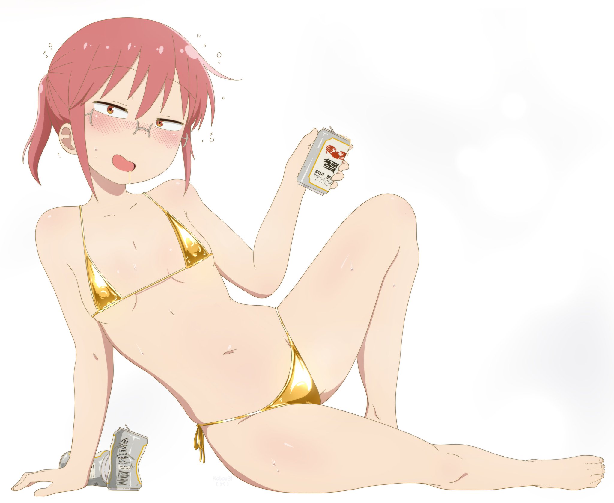 drunk, drunk female, erect nipples, female, female only, flat chest, glasses, gold bikini, golden week, kobayashi, kobayashi-san chi no maidragon, kobou31, miss kobayashi's dragon maid, red cheeks, red hair, simple background, sitting, small breasts