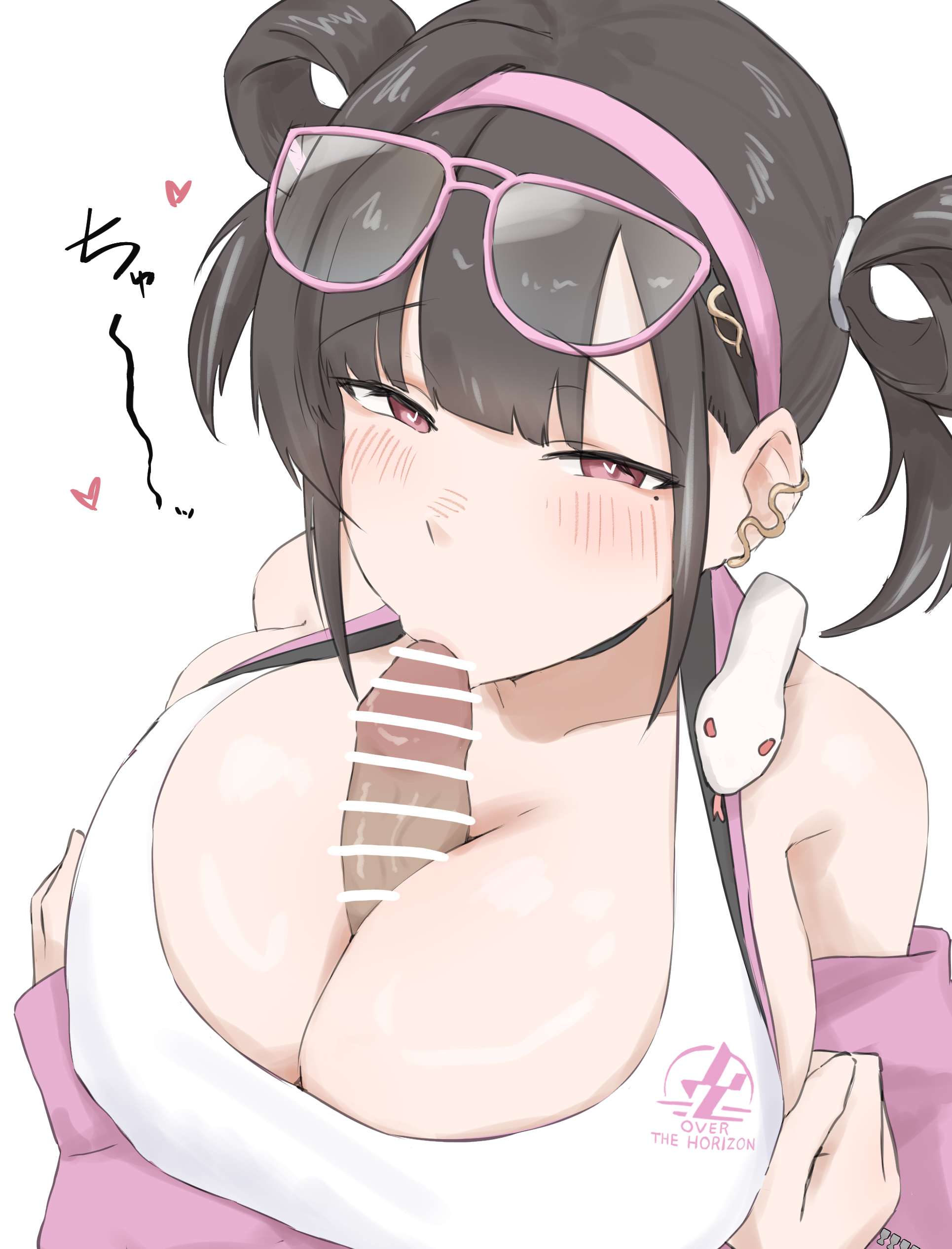 1boy, 1girls, alternate costume, black hair, blush, breasts, censored, cleavage, clothed, clothed paizuri, clothing, goddess of victory: nikke, heart, heart-shaped pupils, hitori 51, huge breasts, kissing penis, light skin, light-skinned female, light-skinned male, official alternate costume, paizuri, paizuri under clothes, penis, penis kiss, red eyes, simple background, sora (nikke), sora (spring flight) (nikke), sunglasses, sunglasses on head, symbol-shaped pupils, white background