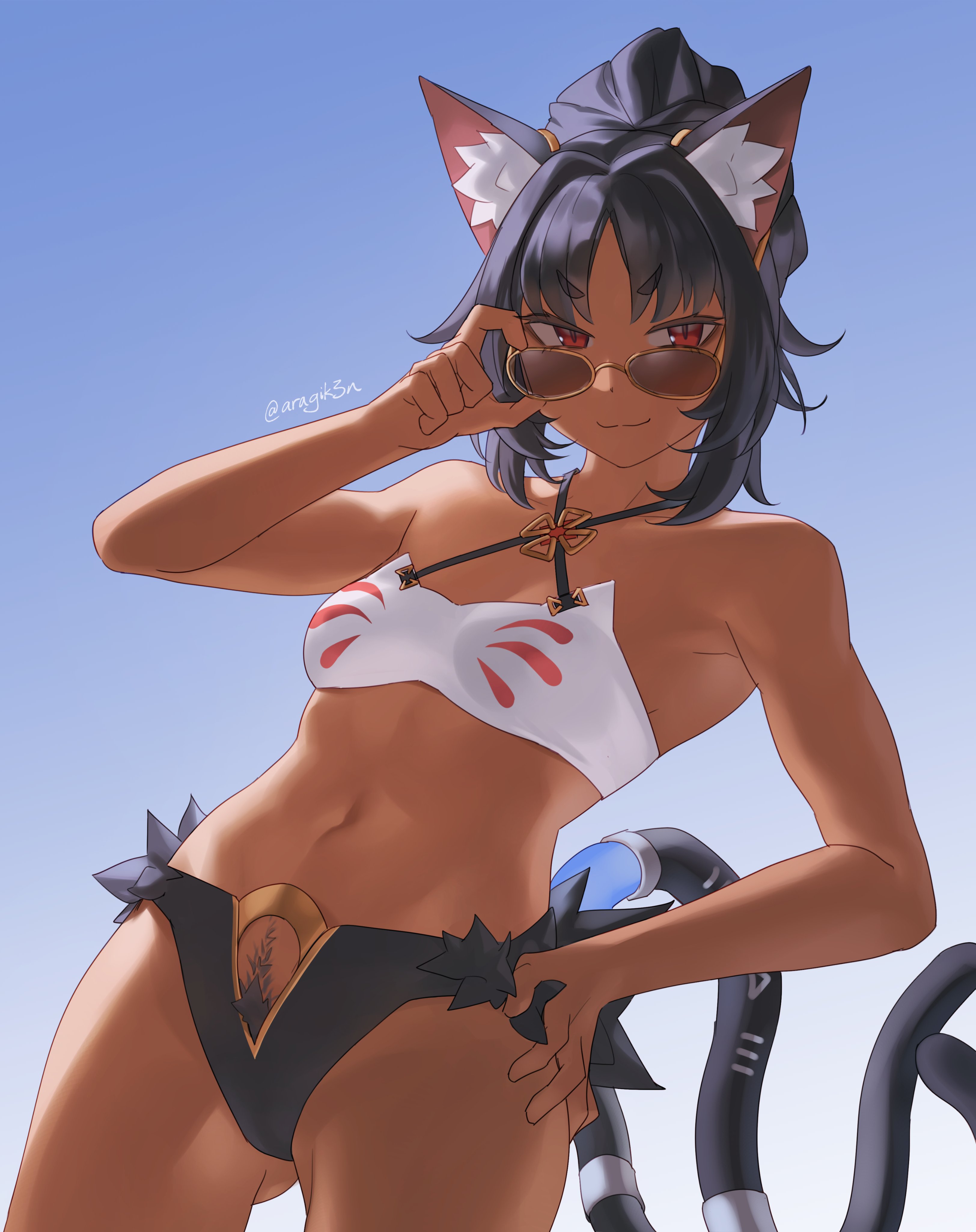 1girl, aragiken, nekomiya mana, pubic hair, sunglasses, swimsuit, tail, zenless zone zero