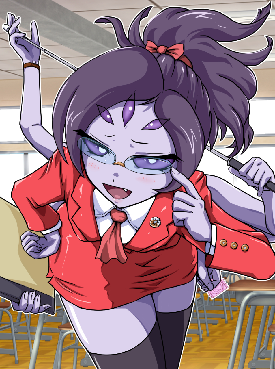1girls, arachnid humanoid, artist request, blush, blush lines, blushing at viewer, clothed, clothing, condom wrapper, fang, glasses, looking at viewer, muffet, spider girl, tagme, teacher, teacher outfit, undertale, undertale (series)