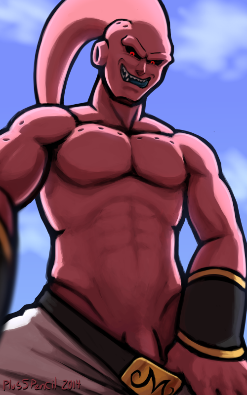 1boy abs anthro clothing dragon_ball dragon_ball_z half-dressed looking_down majin_buu male male_only manly muscles open_mouth outside pants pecs penis plus5pencil sharp_teeth smile solo standing super_buu tongue_out