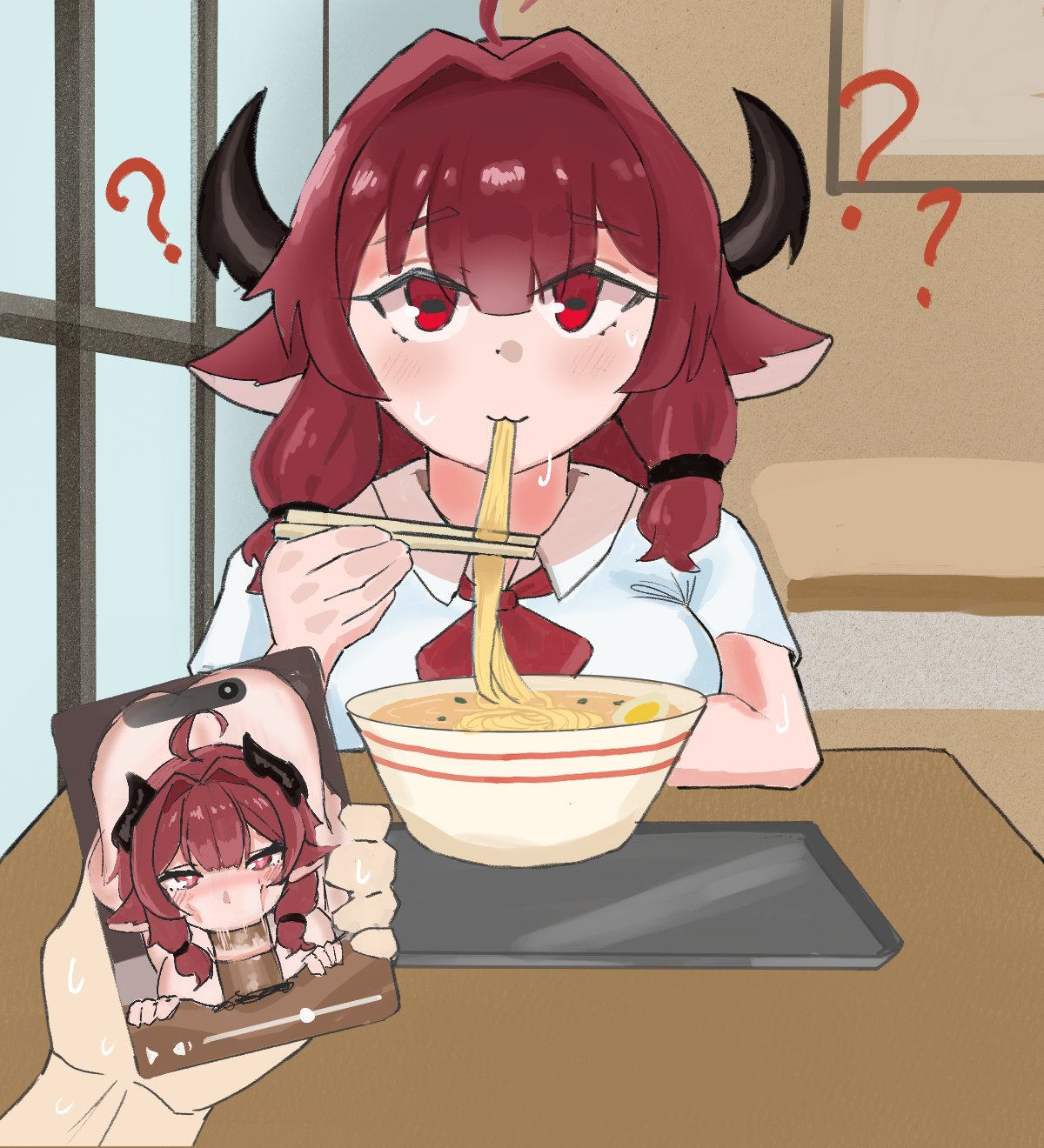 ???, 1girls, 2boys, afterimage, blowjob, blush, bull pov, cheating (relationship), cheating girlfriend, cuckold pov, dark skin, dark-skinned male, eating, eating food, fellatio, food, goat girl, goat horns, goat-chan (enarane), horns, indoors, leaf painting, light skin, light-skinned female, light-skinned male, male pov, noodles, original, phone, pov, question marks, red eyes, red hair, restaurant, smartphone, video (object)