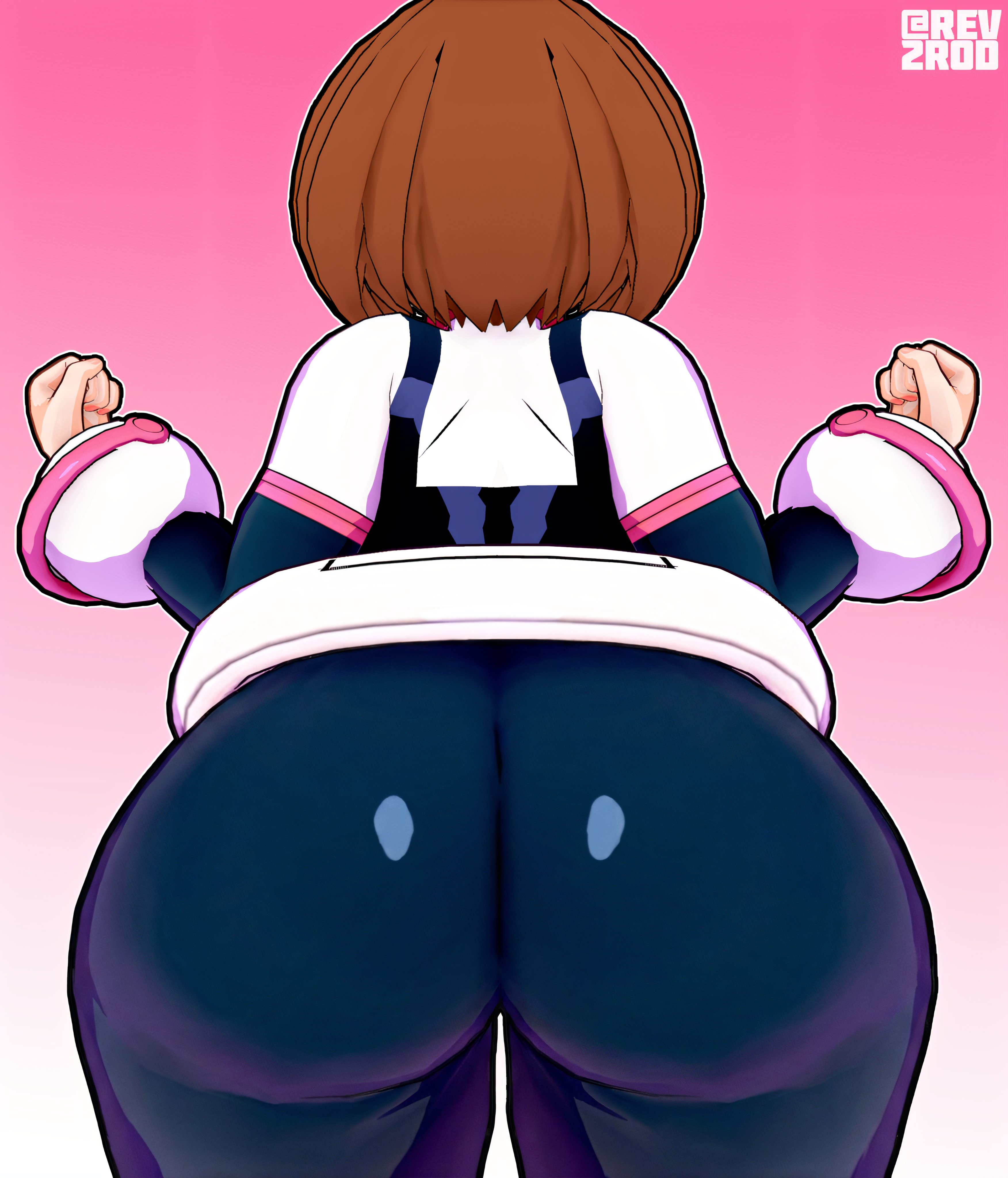 1girls, ass, bodysuit, boku no hero academia, breasts, female, female focus, female only, large ass, light skin, light-skinned female, my hero academia, ochako uraraka, ochako uraraka (hero outfit), rev2rod, solo, thick thighs, thighs, wide hips