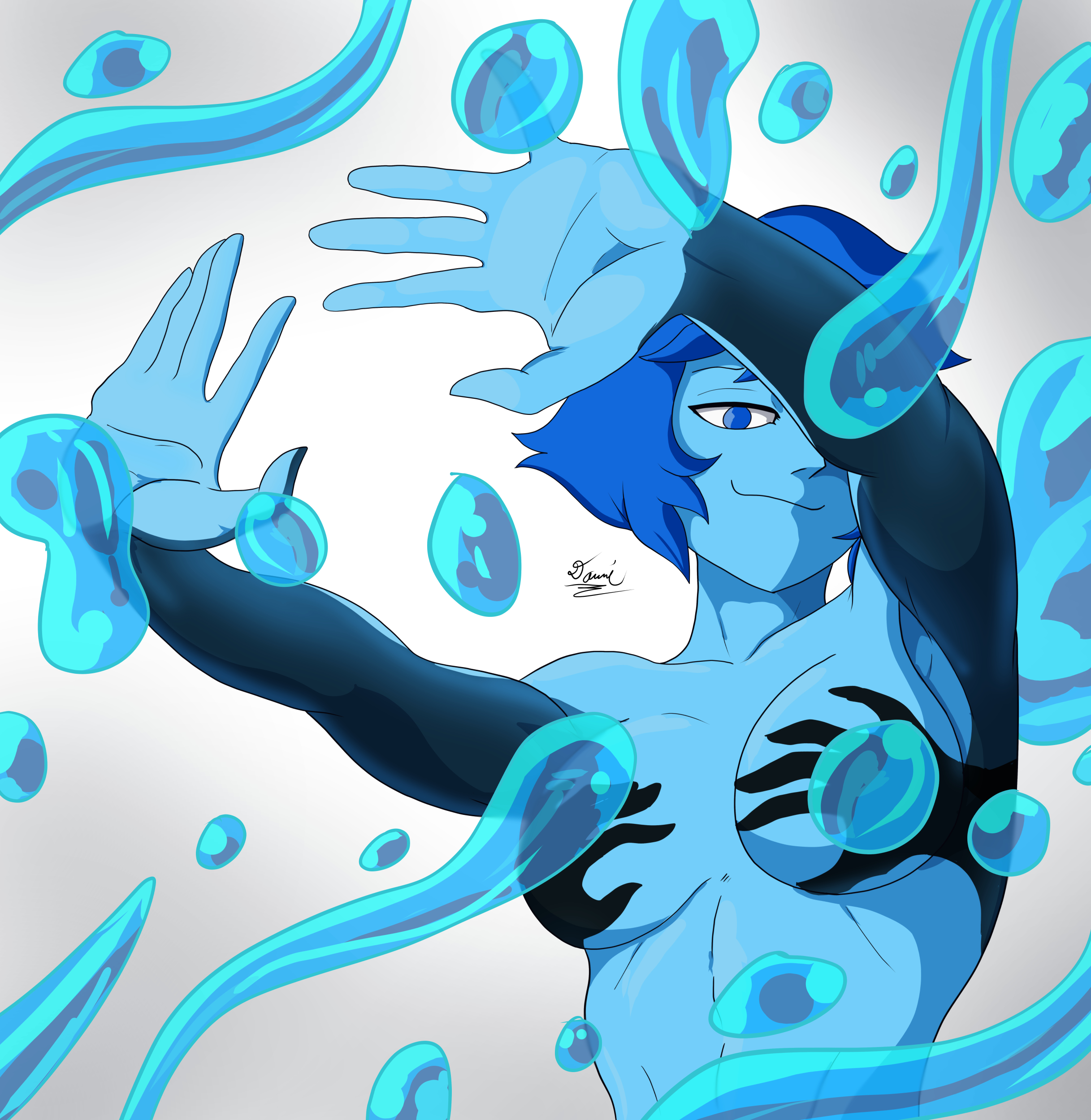 alien, alien girl, alien humanoid, bare arms, bare breasts, bare chest, bare midriff, bare shoulders, blue eyes, blue hair, blue skin, boobs, breasts, breasts out, danielfs, exposed arms, exposed boobs, exposed breasts, exposed chest, exposed midriff, exposed shoulders, female focus, female only, hands, hands casting shadow, hydrokinesis, lapis lazuli (gem), lapis lazuli (steven universe), looking at viewer, short hair, short hair female, smile, smiling, smiling at viewer, sole female, solo, solo female, solo focus, steven universe, water