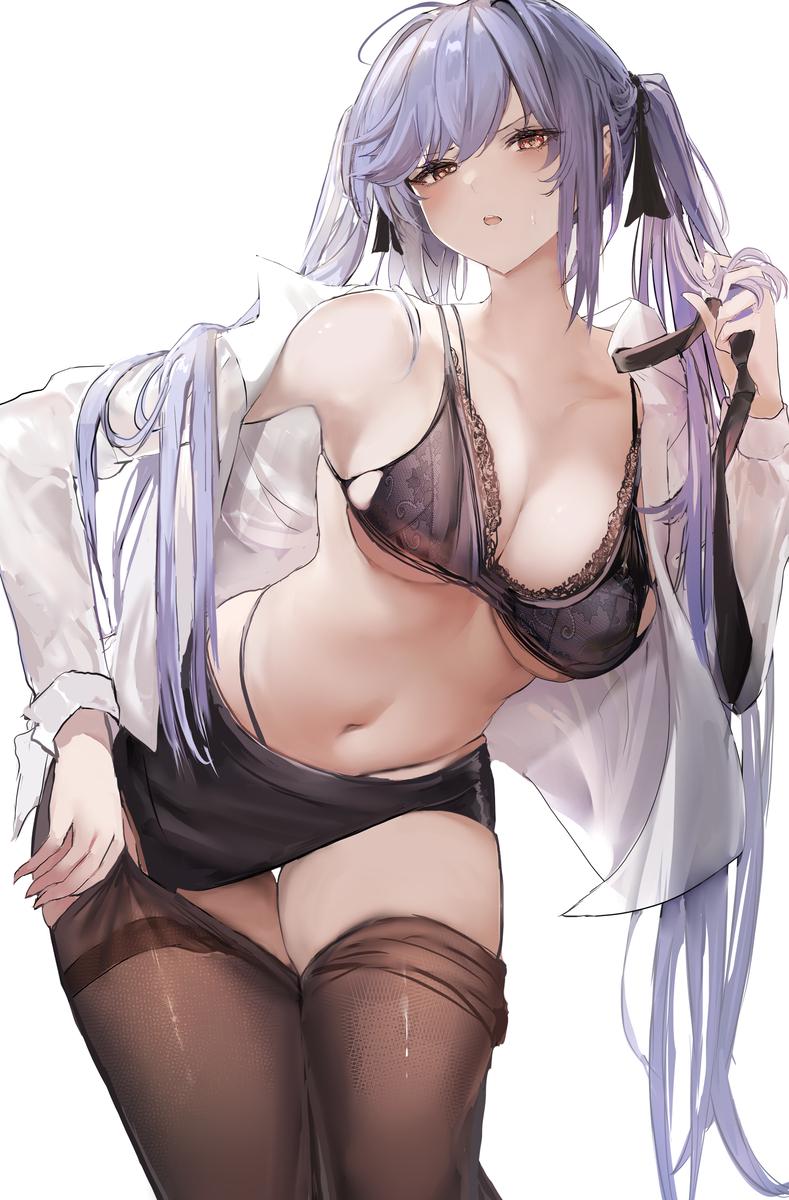 1girl, azur lane, bangs, bare shoulders, black bra, black panties, black ribbon, black skirt, blue hair, blush, bra, breasts, brown eyes, cleavage, clothes pull, collarbone, collared shirt, cowboy shot, essex (azur lane), essex (crossbones especial) (azur lane), eyebrows visible through hair, female, female only, hair ribbon, highleg, lace-trimmed bra, large breasts, leaning forward, liaowen, long hair, long sleeves, looking at viewer, miniskirt, navel, necktie, off shoulder, open clothes, open mouth, open shirt, panties, pantyhose, pantyhose pull, pencil skirt, red eyes, ribbon, shirt, simple background, skindentation, skirt, solo, standing, stomach, sweat, thigh gap, thighs, twintails, underboob, underwear, undressing, very long hair, white background, white shirt