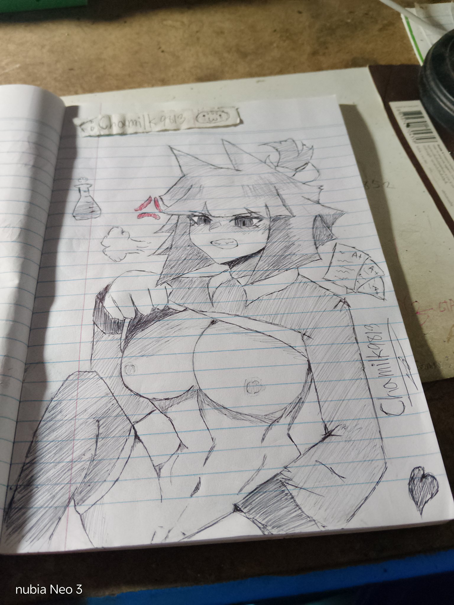 angry, angry face, breasts, breasts out, clothing, drawn, female, female focus, female only, fundamental paper education, hand drawn, lifting shirt, miss bloomie (fundamental paper education), shirt lift, solo, solo female, solo focus, toned, toned female