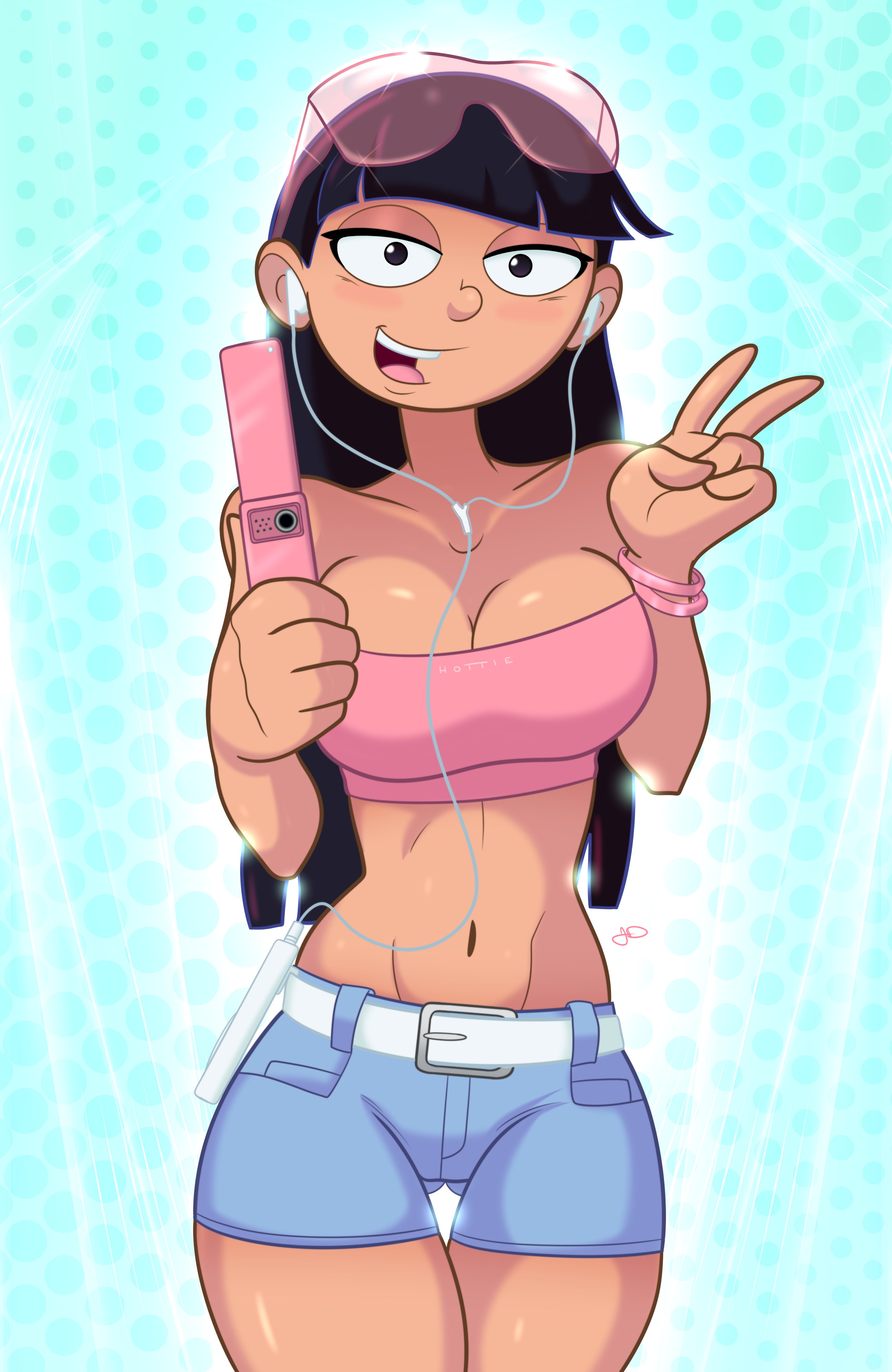 1girls, 2025, artist name, artist signature, bandeau, bare midriff, bare shoulders, black hair, bracelet, breasts, cellphone, cleavage, clothed, clothed female, earbuds, female, female only, flip phone, hey arnold!, human, jumpdriiver, looking at viewer, midriff, navel, nickelodeon, phone, pink tube top, revealing clothes, rhonda wellington lloyd, short shorts, shorts, smile, solo, sunglasses, sunglasses on head, thigh gap, three-quarter portrait, tube top, v, very long hair