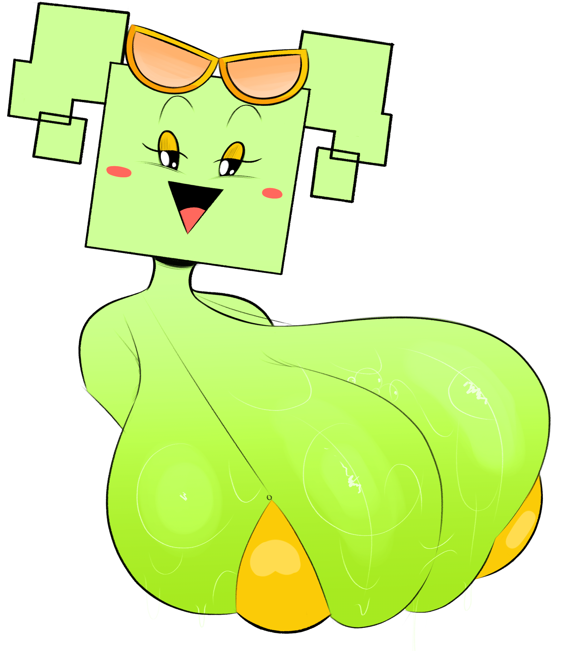 1girls, big breasts, bikini top, bimbo, black eyes, blush stickers, breasts, bust portrait, female, female only, green body, green hair, green skin, huge breasts, mario (series), mimi (super paper mario), nipples visible through clothing, ota (artist), paper mario, pigtails, simple eyes, simple face, solo, super paper mario