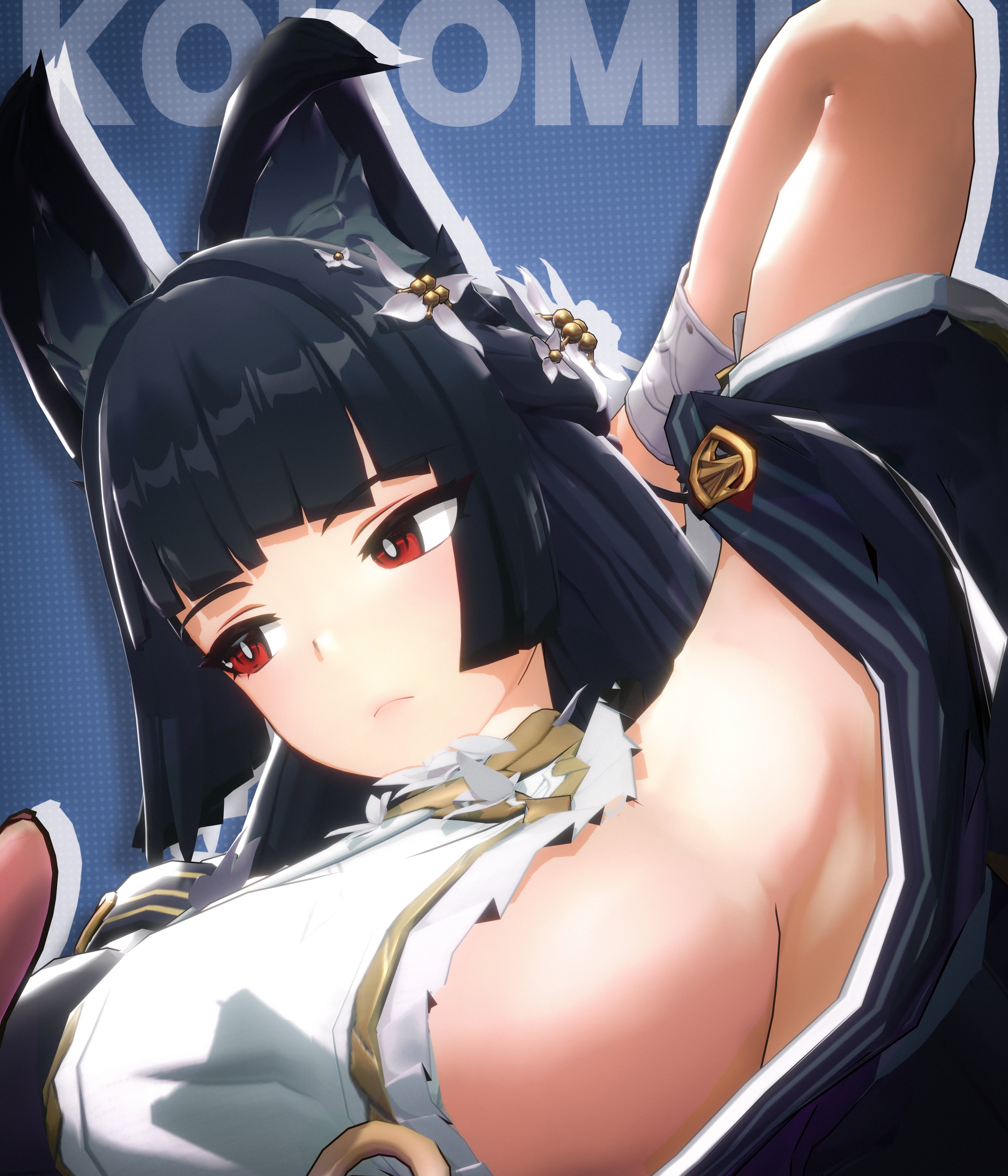 1girls, 3d, animal ears, armpit, armpits, big breasts, busty, female, female only, fox ears, fox girl, hoshimi miyabi, hoshimi miyabi (dignified blossom), hoyoverse, kokomils, large breasts, light skin, light-skinned female, mihoyo, thiren, zenless zone zero