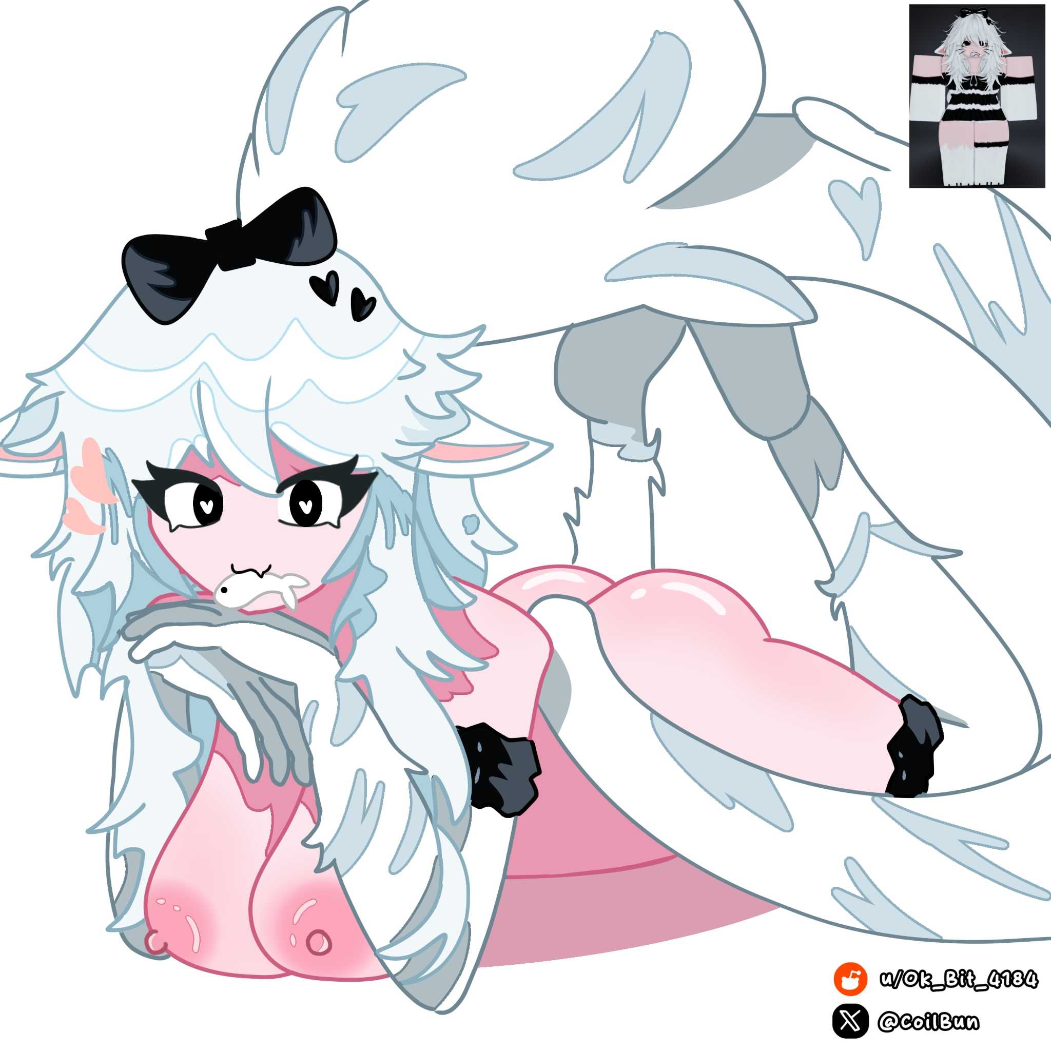 1girl, 1girls, artist name, black eyes, boobs, breasts, cat ears, cat girl, coilbun, female, female only, nipples, pink body, pink nipples, pink skin, reference image, roblox, roblox avatar, robloxian, social media, tagme, tail, tits, white background, white fur, white hair, white tail