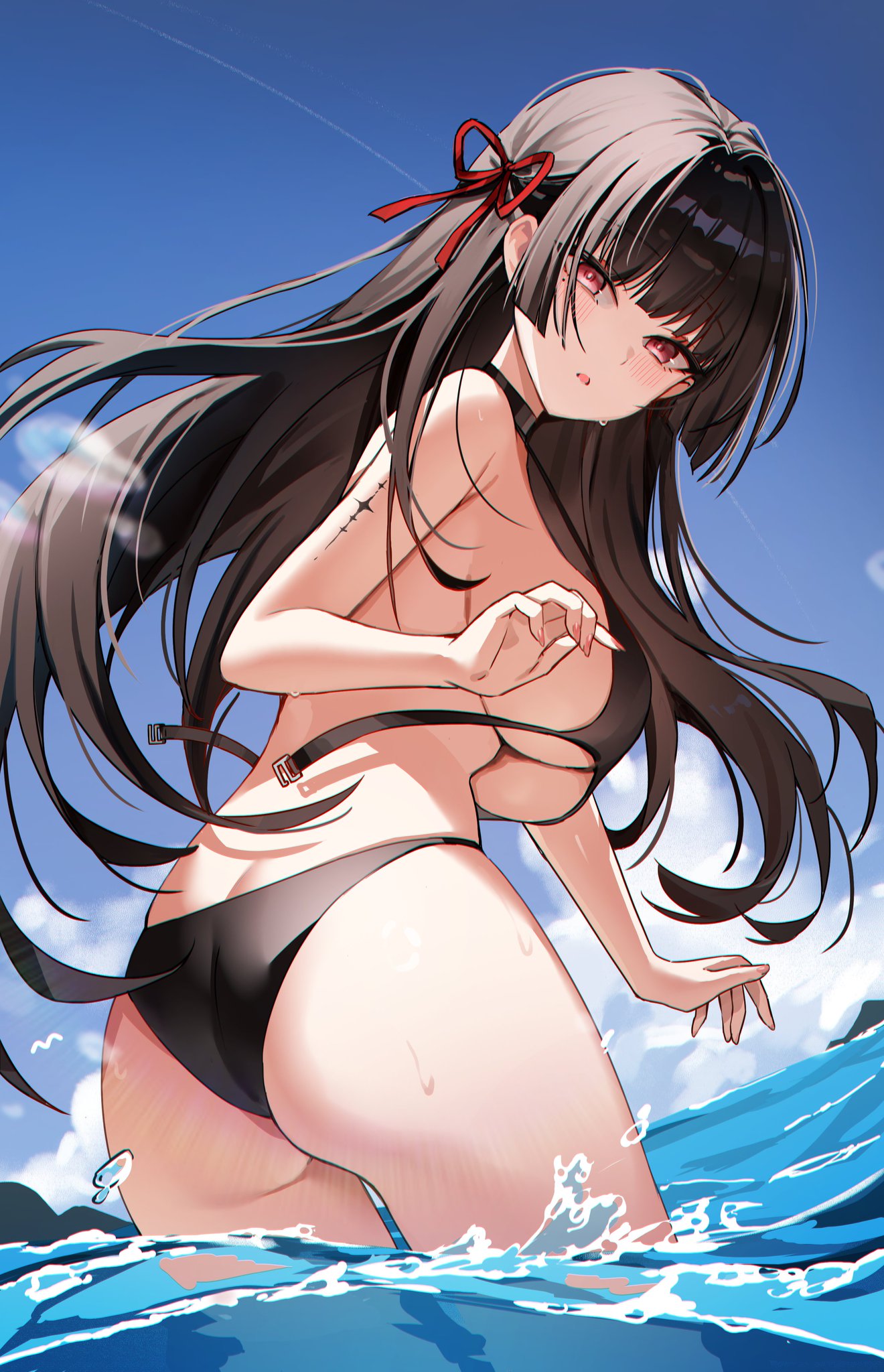 1girls, ass, ass focus, big breasts, bikini, black bikini, black hair, black swimsuit, breasts, chisa (wuthering waves), female, female only, large breasts, long hair, picter, red eyes, swimsuit, underboob, water, wuthering waves