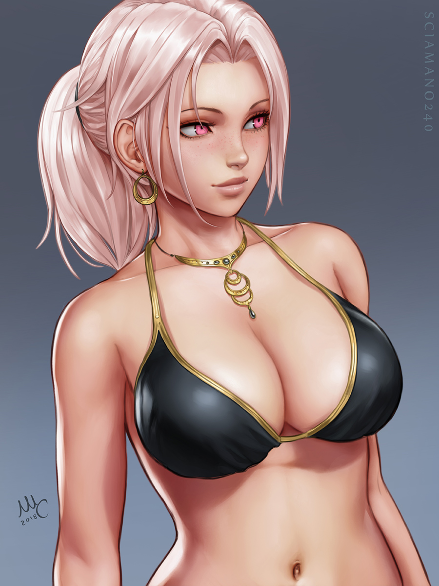 bare shoulders, big breasts, black bikini, black bikini top, chloe (sciamano240), female, female only, mirco cabbia, oc, original, original character, pink eyes, pink hair, sciamano240, smile, smiling