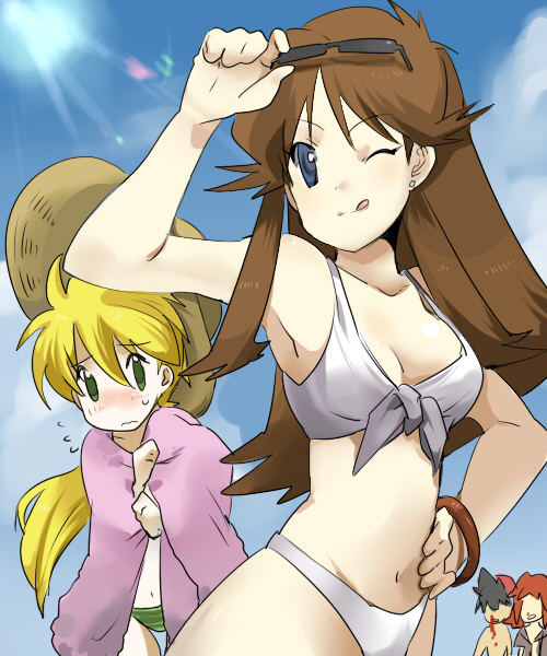 bikini, blue eyes, brown hair, female, green (pokemon), human, human only, leaf (pokemon), pokemon, pokemon (manga), pokemon adventures, pokemon rgby, yellow (pokemon)