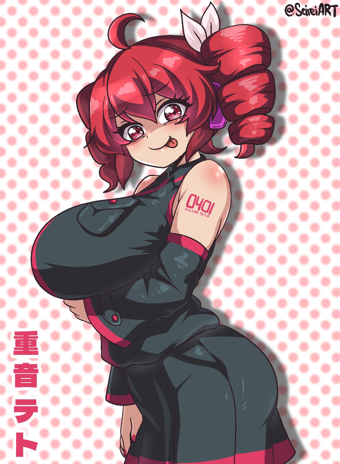 1girls, 2d, 2d (artwork), ahoge, arm tattoo, arm under breasts, artist name, artist signature, ass, big ass, big breasts, blush, breasts, clothed, clothed female, clothing, curvaceous, curvy, curvy female, curvy figure, detached sleeves, female, female only, fully clothed, hairbow, huge ass, huge breasts, kasane teto, large ass, large breasts, looking at viewer, nail polish, painted nails, red eyes, red hair, red nails, seireiart, side view, sideboob, simple background, skirt, solo, solo female, tattoo, tongue, tongue out, twin drills, utau