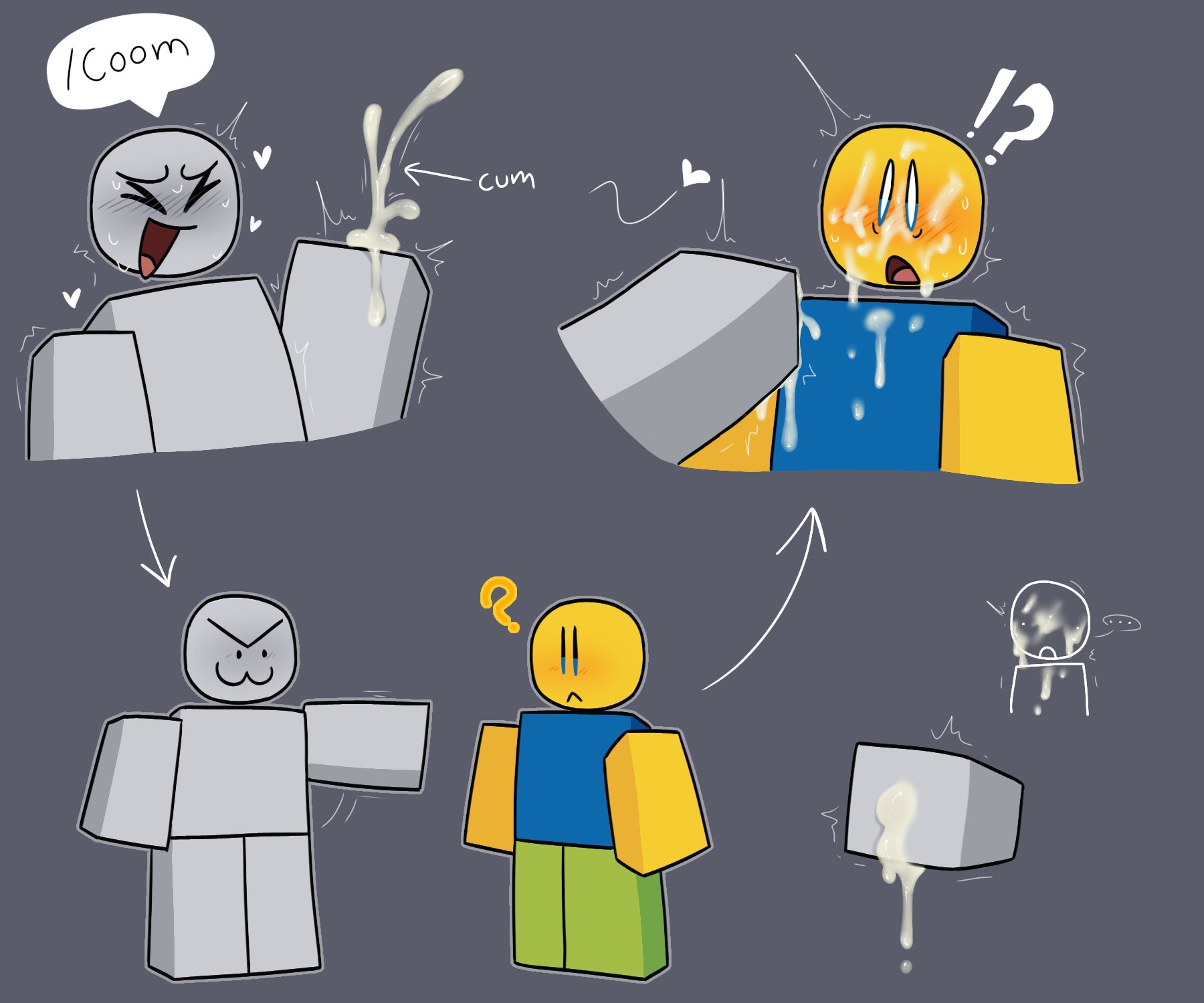 !?, ?, 2boys, accurate robloxian, blocky body, blush, clothed, cum, cum on body, cum on chest, cum on face, cumshot, dummy (roblox), magic ejaculation, male, nejajiku nsfw, noob, noob (roblox), roblox, robloxian, speech bubble, suggestive, sweat, tagme