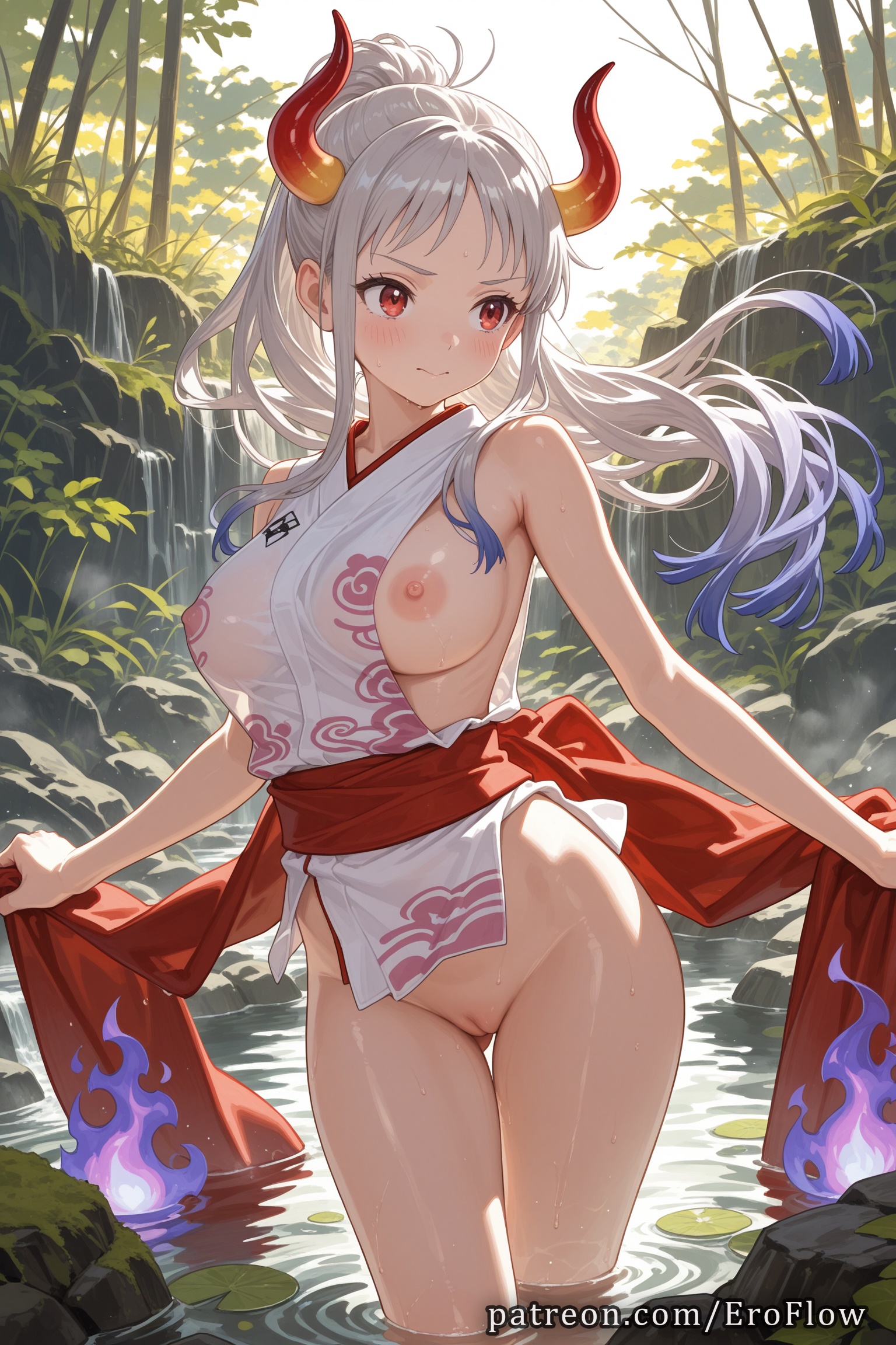 1girls, 2025, ai generated, bare arms, bare shoulders, blue hair, blush, bottomless, breasts, closed mouth, clothing, curled horns, eroflow, female, female only, floating hair, hi res, highres, horns, japanese clothes, kimono, large breasts, long hair, looking away, looking to the side, nature, nipples, no panties, one breast out, one piece, one piece swimsuit, outdoors, patreon, ponytail, pussy, red eyes, red horns, sash, see-through, sleeveless, sleeveless kimono, solo, standing, thigh gap, uncensored, v-shaped eyebrows, voluptuous, voluptuous female, wano country, water, wet, wet clothes, white hair, white kimono, yamato, yamato (one piece), yamato (one piece) (cosplay)