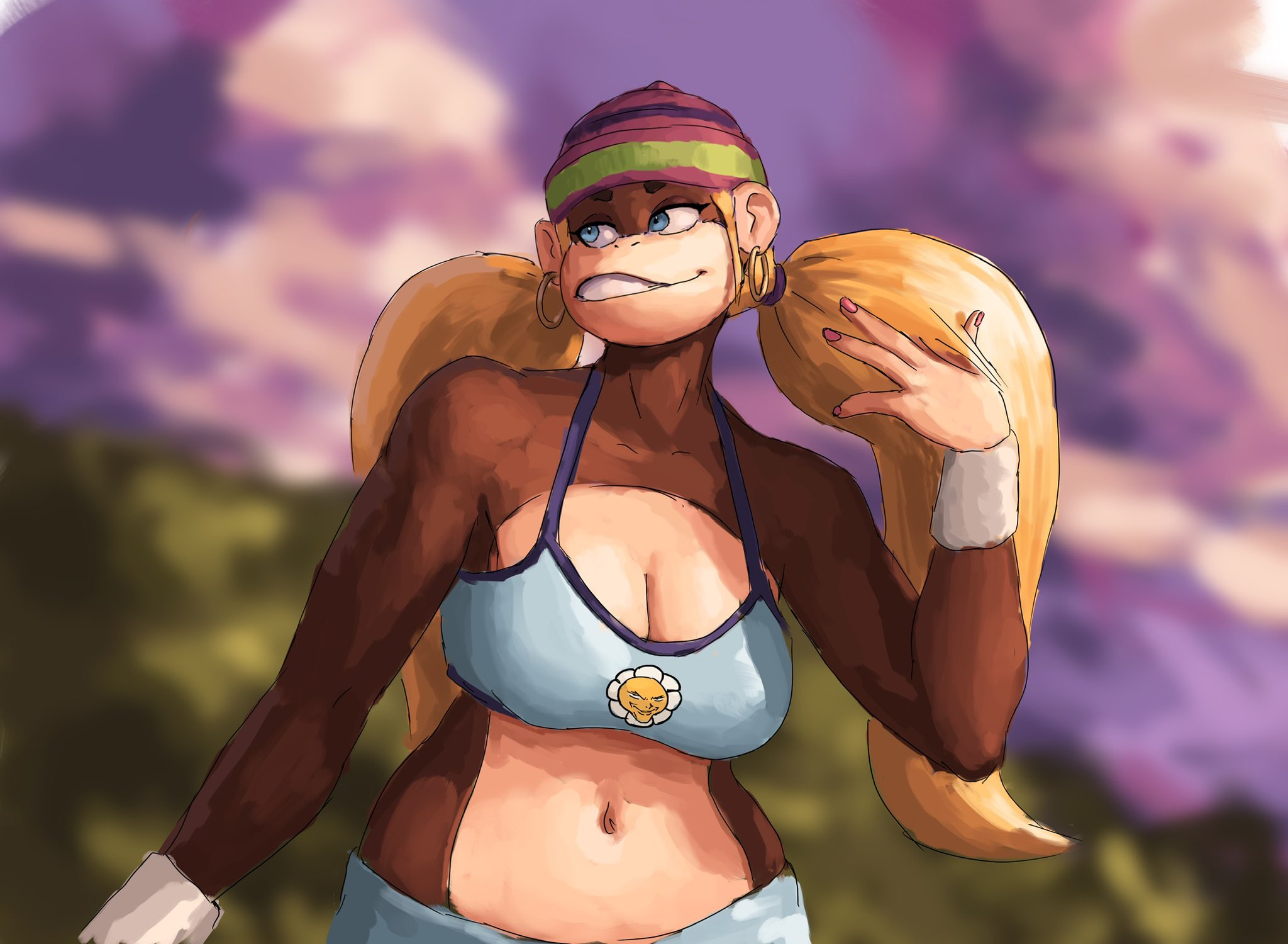 anthro, anthro female, ape, ape girl, big breasts, blonde female, blonde hair, blonde-haired female, breasts, cleavage, clothed, clothed female, donkey kong (series), donkey kong country, female, furry, furry female, haplorhine, large boobs, large breasts, long hair, long-haired female, monkey, monkey girl, nintendo, primate, redustheriotact, tiny kong, twintails, twintails (hairstyle)