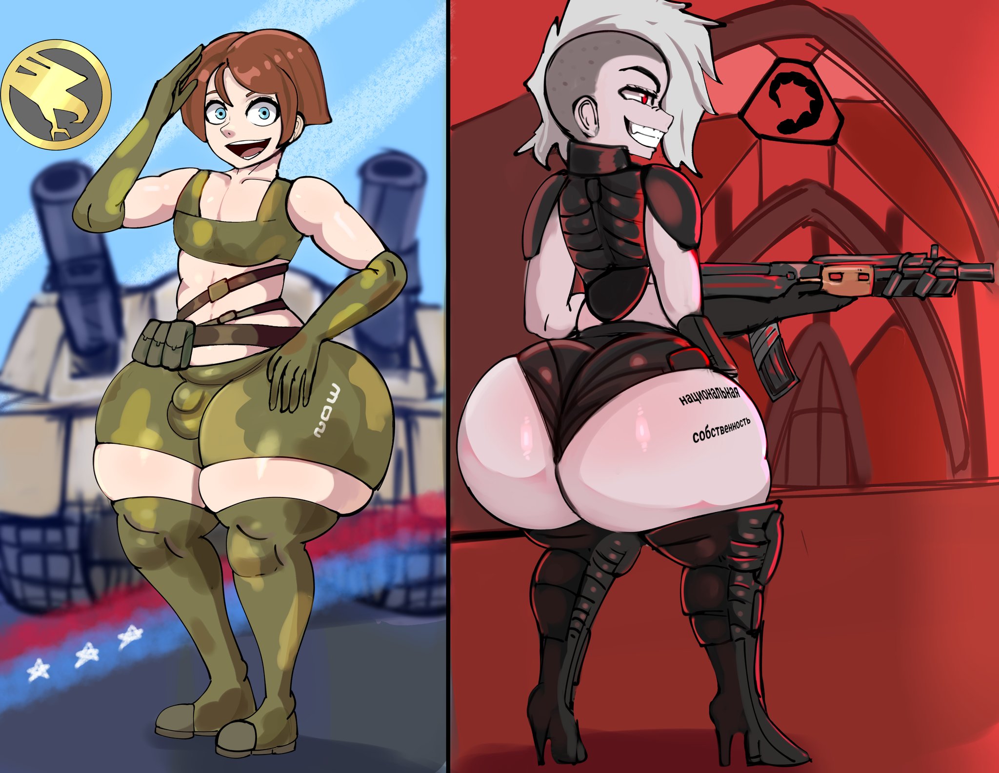 2boys, 2femboys, ass, big ass, big ass (male), big butt, bulge, command and conquer, femboy, huge ass, huge butt, kalashnikov, kalashnikov rifle, khadhunter7, male, male only, penis bulge, russian text, tank, temple, testicle bulge, tiberian (series), wide hips