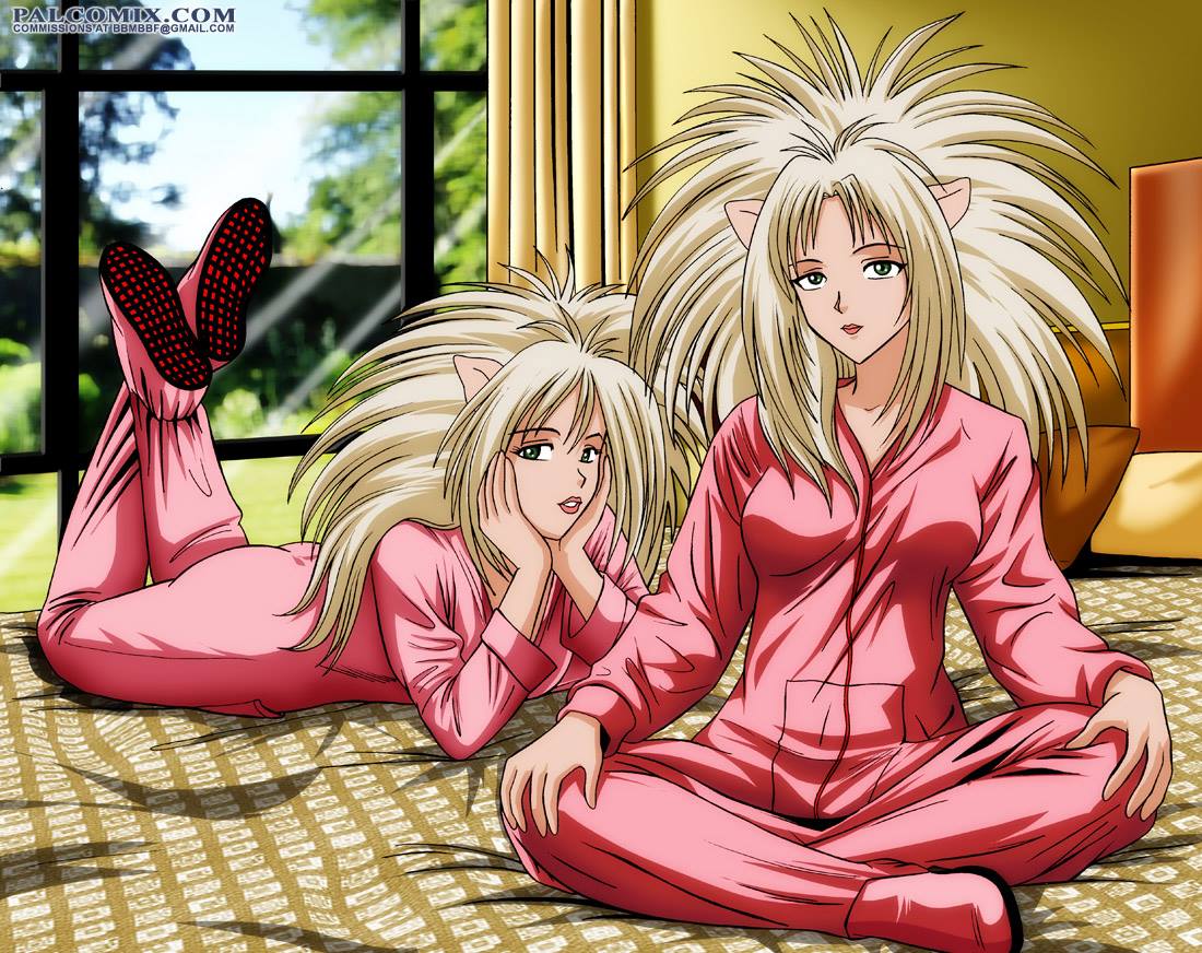 2girls android annapuma bed blonde_hair breasts cat_girl cleavage curvaceous dominion_tank_police duo female large_breasts light-skinned_female light_skin long_hair looking_at_viewer multiple_girls pajamas palcomix pants sisters sleepover twins unipuma