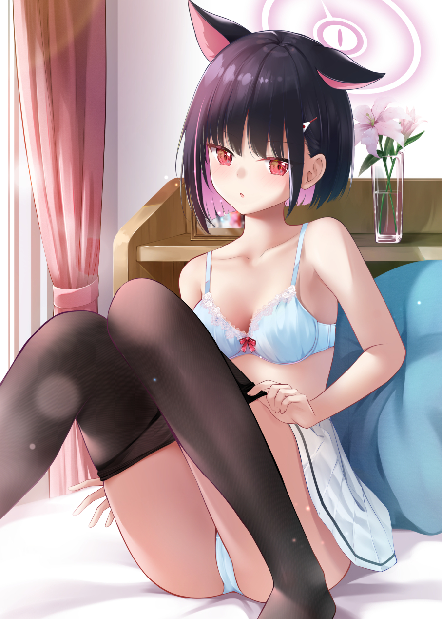 1girls animal_ears bare_arms bare_shoulders black_hair black_pantyhose blue_archive blunt_bangs blunt_ends blush bob_cut bra breasts c.u.wa cameltoe cat_ears clothes_pull collarbone colored_inner_animal_ears colored_inner_hair commentary day dressing extra_ears feet_out_of_frame flower hair_behind_ear hair_ornament hairclip halo highres indoors kazusa_(blue_archive) looking_at_viewer lying medium_breasts miniskirt multicolored_hair no_shoes on_back open_mouth panties pantyhose pantyhose_pull pink_flower pink_hair pink_halo pleated_skirt red_eyes sidelighting skindentation skirt solo sunlight thighs tsurime two-tone_hair underwear white_bra white_panties white_skirt