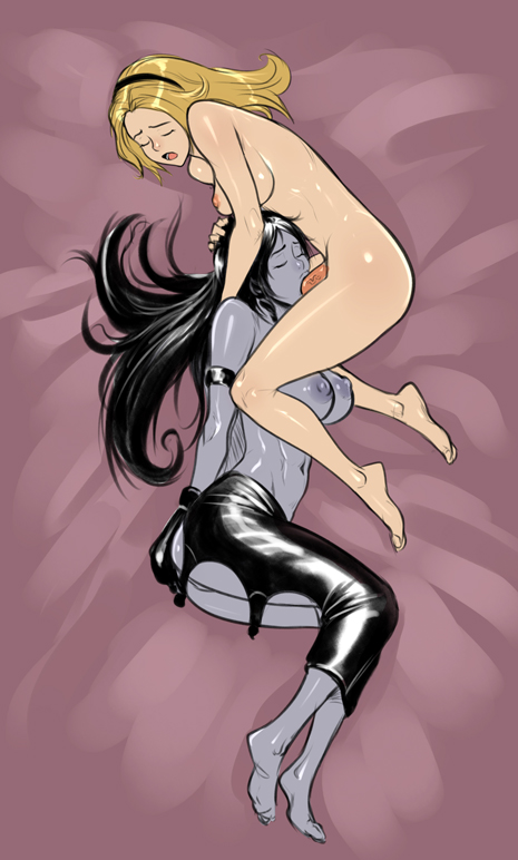 big breasts, black hair, blonde hair, bondage, breasts, closed eyes, feet, fellatio, female, futa on female, futanari, grey skin, hairband, head grab, intersex, izra, latex, league of legends, light skin, luxanna crownguard, medium breasts, oral, riot games, shyvana, tied, tied up, uncensored
