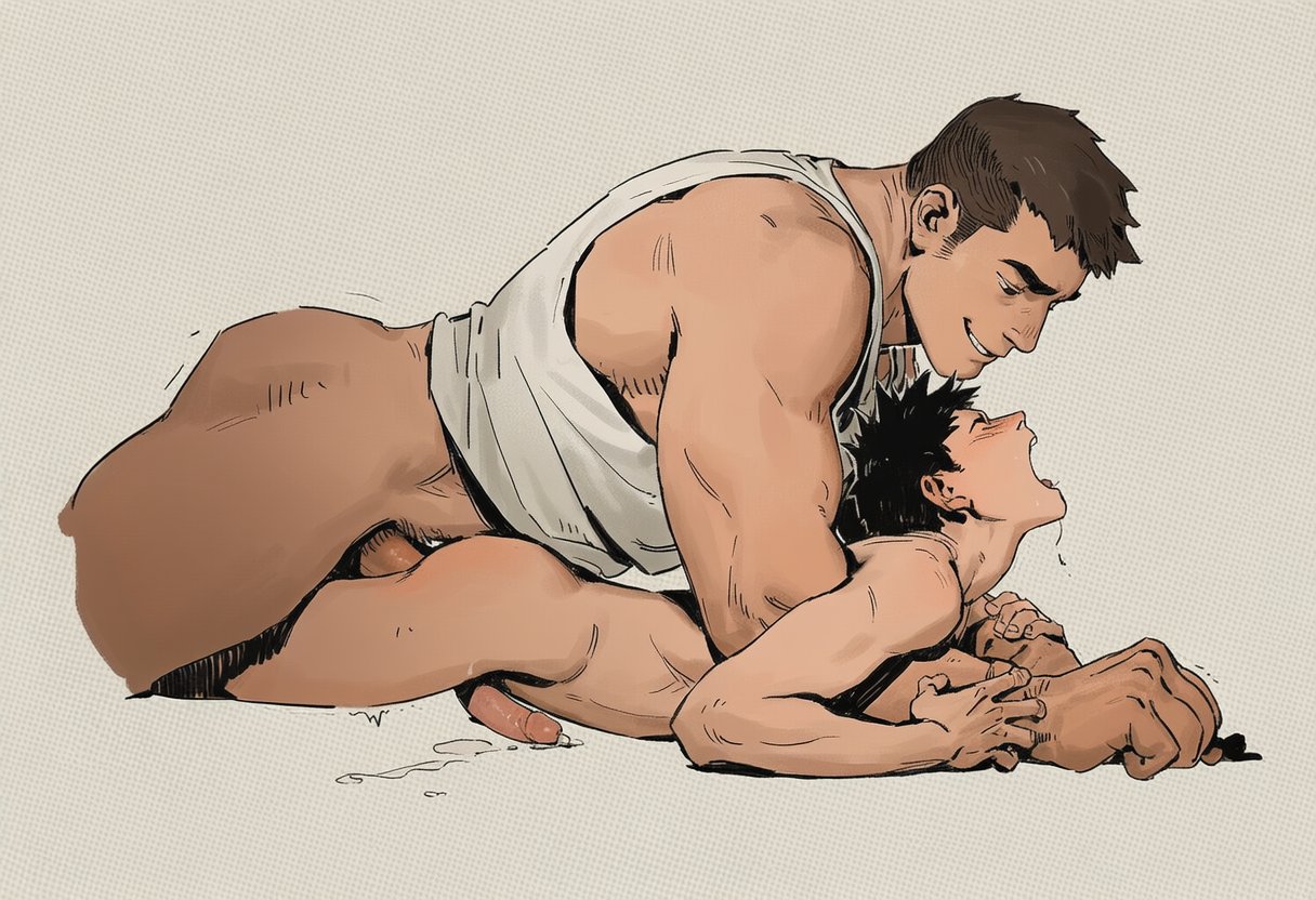 2boys, ai, ai generated, anal, anal sex, anus, ass, asshole, bara, barefoot, big penis, blush, completely nude, completely nude male, daddy, dilf, erect penis, erection, ero frog0429, gay, gay anal, gay domination, gay sex, hairy, hairy legs, hairy male, height difference, horny, huge cock, large penis, male, male only, male/male, motion lines, muscular, muscular male, nude, nude male, older dom younger sub, older male, older male and younger male, penis, penis size difference, pleasure face, prone bone, rough sex, size difference, tank top, thick penis, thrusting, thrusting into ass, yaoi