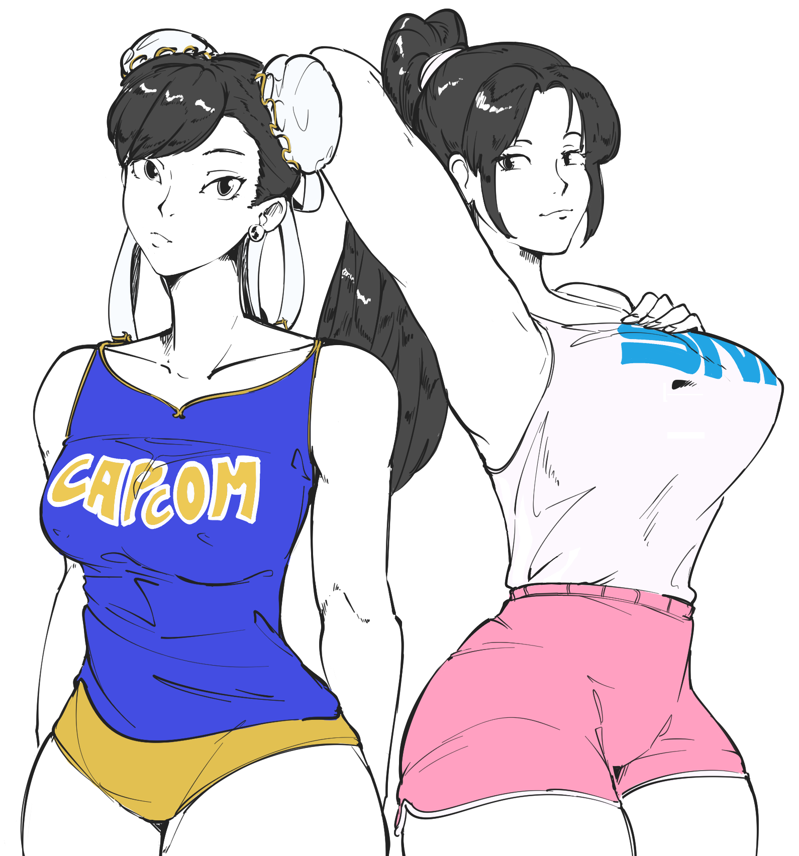 2025, 2d, 2girls, alternate costume, black hair, capcom, casual clothes, chun-li, clothed, clothed female, clothing, crossover, death battle, fatal fury, female, female focus, female only, human, human female, human only, immisterplow, king of fighters, light skin, light-skinned female, long hair, looking at viewer, mai shiranui, mai shiranui (casual), mrplow34, no sex, ponytail, simple background, snk, source request, street fighter, street fighter 6, thick thighs, thighs, white background