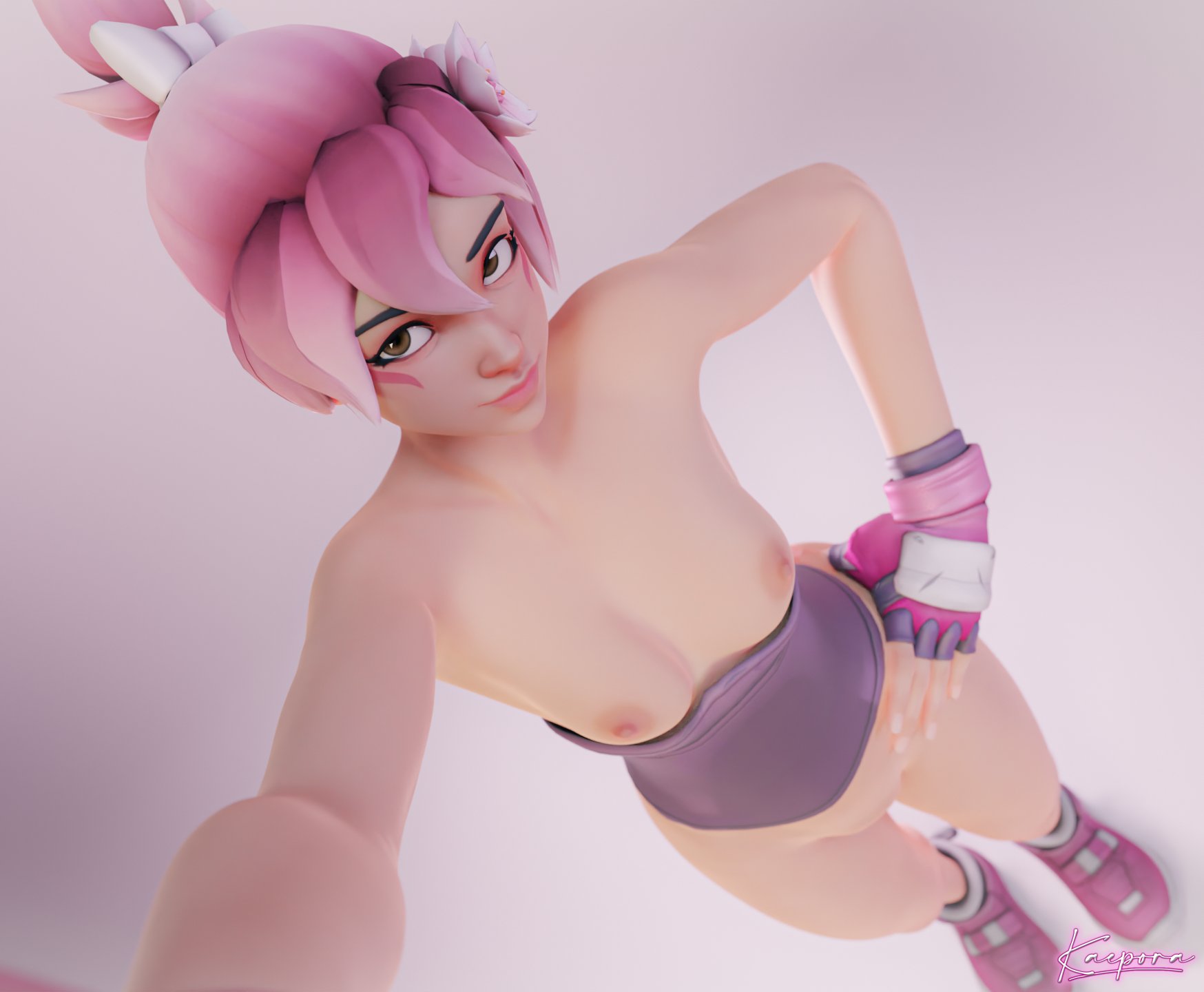 1girls, 3d, activision, alternate costume, alternate hair color, alternate hairstyle, alternate version, alternate version available, artist name, blizzard entertainment, clothed, clothing, female, female focus, female only, kaepora (artist), kiriko (overwatch), kiriko kamori, looking at viewer, nude, nude female, overwatch, overwatch 2, sakura kiriko, semi nude, sfw version available, solo, solo female, solo focus, watermark