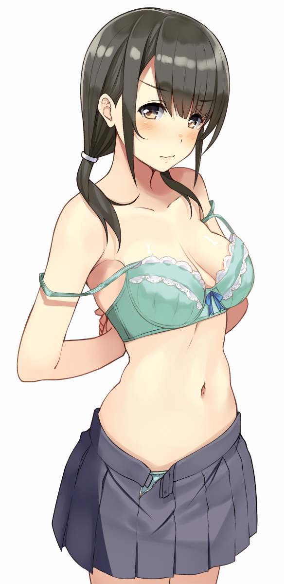 1girls armpits arms_behind_back bare_shoulders black_hair blue_bow blunt_bangs blush bow bow_bra bra breasts brown_eyes cleavage closed_mouth collarbone commentary_request copyright_request cowboy_shot dressing eyebrows green_bra hair_ribbon lips looking_at_viewer low_twintails medium_breasts midriff navel off_shoulder open_clothes open_skirt pleated_skirt ribbon short_twintails sidelocks simple_background skirt solo standing stomach strap_slip sukebewe tareme twintails underwear undressing unzipped wavy_mouth white_background