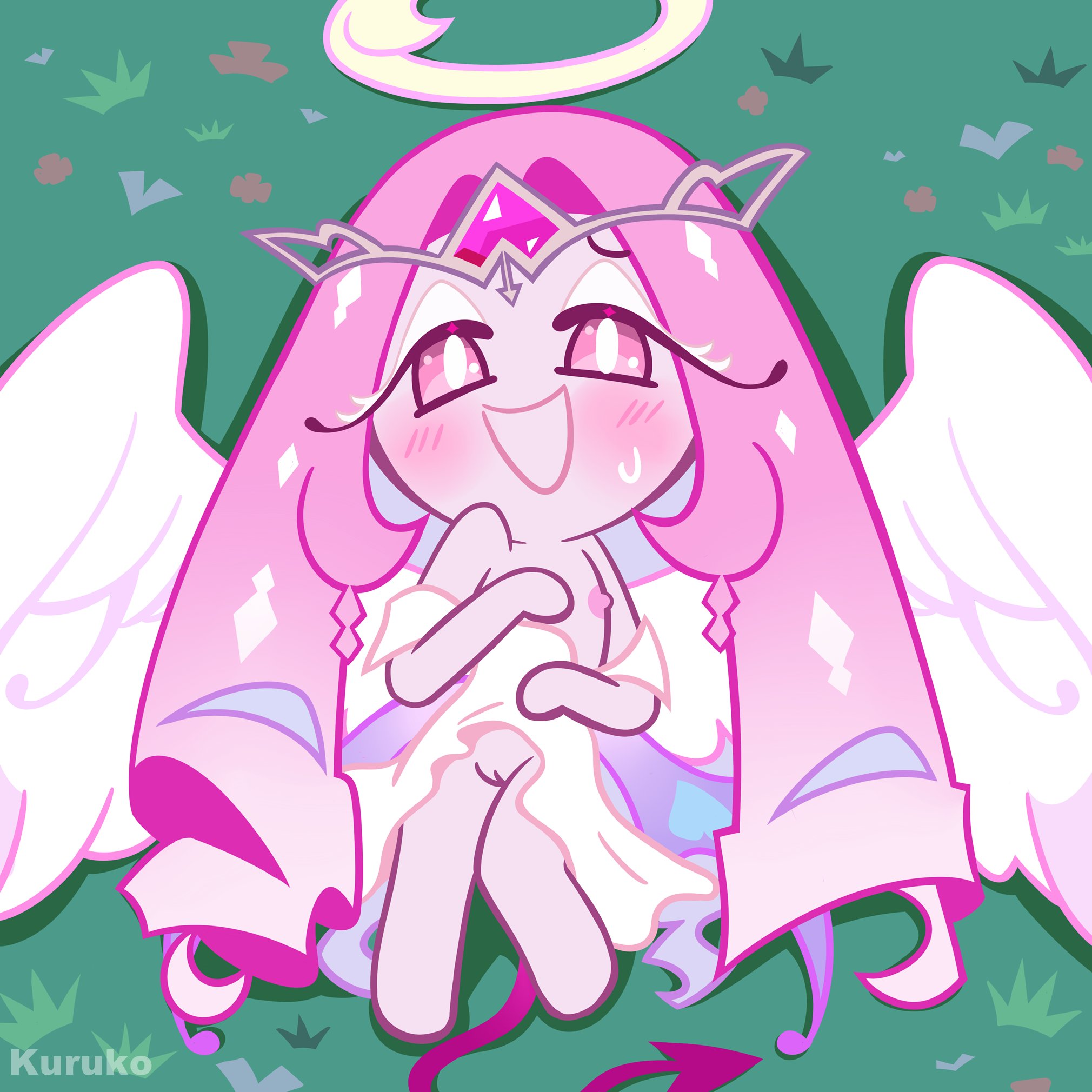 1girls, accurate art style, blush, blushing at viewer, blushing female, breasts, circlet, cookie, cookie run, cookie run kingdom, demon tail, eternal sugar cookie, exposed, exposed breasts, exposed nipples, exposed pussy, exposing self, female, flat chest, flat chested, goofy ahh facial expression, halo, kuruko, magenta tail, pink body, pink eyes, pink hair, pink skin, pink skinned female, pink tail, purple tail, pussy, seduction, seductive eyes, seductive look, seductive pose, seductive smile, solo, solo female, solo focus, tail, teasing, white robe, wings