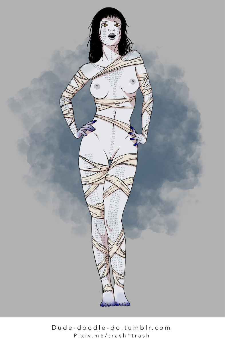 1girls, 2d, black hair, bodypaint, breasts, dude-doodle-do, facepaint, female, female only, mummy wrappings, nipples, pale skin, princess ahmanet, pussy, solo, solo female, the mummy (2017), the mummy (franchise)