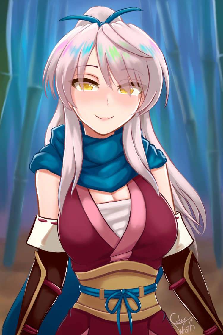 1girls alternate_costume alternate_hairstyle bamboo bamboo_forest black_gloves blue_background blue_scarf blurry blurry_background breasts ciderwrath cleavage elbow_gloves female female_only fire_emblem fire_emblem:_radiant_dawn fire_emblem_heroes forest gloves grey_hair hair_tie large_breasts long_hair long_scarf looking_at_viewer micaiah_(fire_emblem) micaiah_(ninja)_(fire_emblem) nature ninja nintendo official_alternate_costume official_alternate_hairstyle outdoors parted_bangs ponytail sash scarf signature silver_hair smile solo yellow_eyes