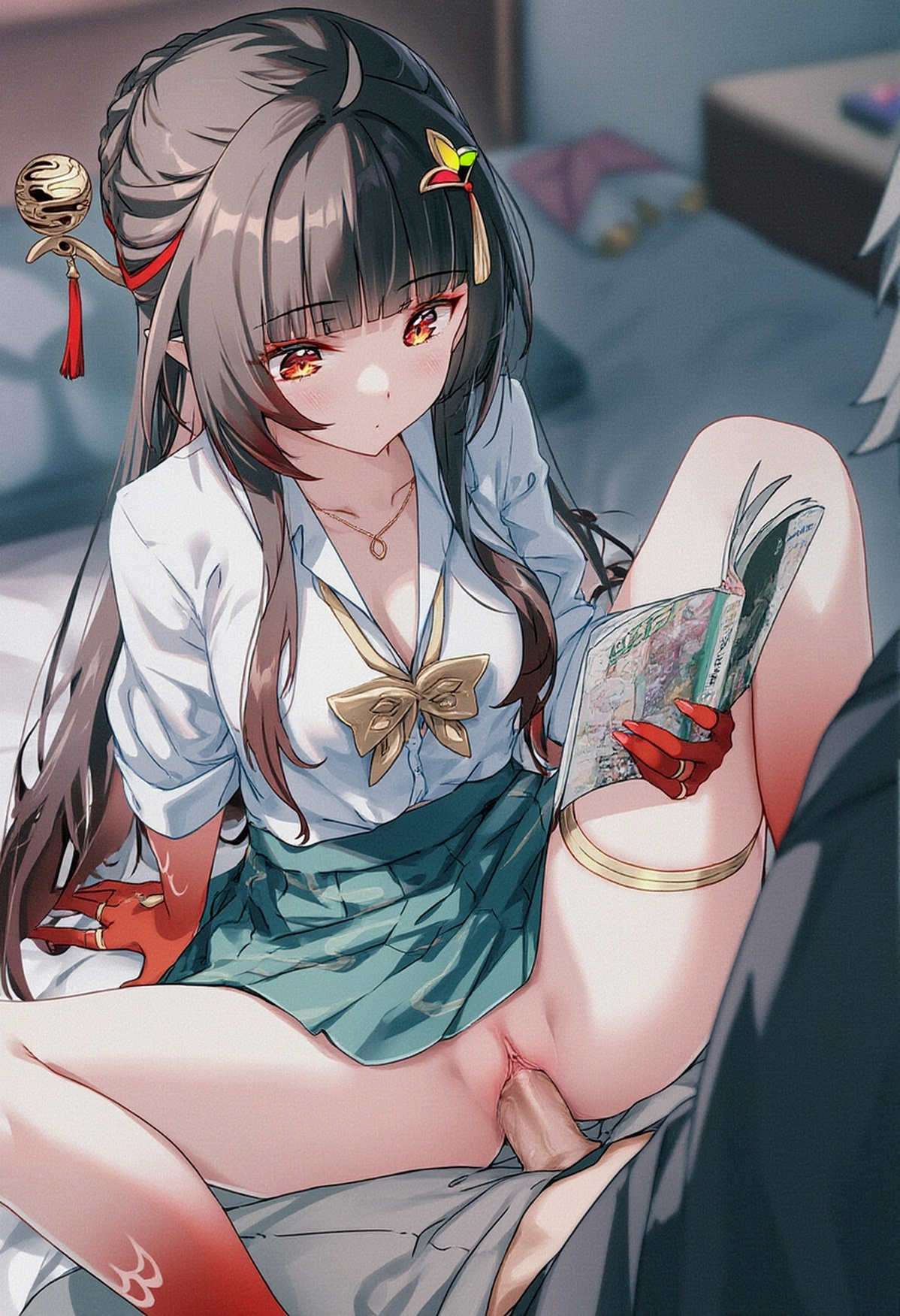 1boy, 1girls, ai generated, bored, bottomless female, caelus (honkai: star rail), clothed sex, emotionless, emotionless sex, female, honkai: star rail, legs apart, lingsha (honkai: star rail), male, multitasking, no panties, penis, penis in pussy, pussy, raaicave, sex, skirt, thigh strap, upright straddle, vaginal penetration