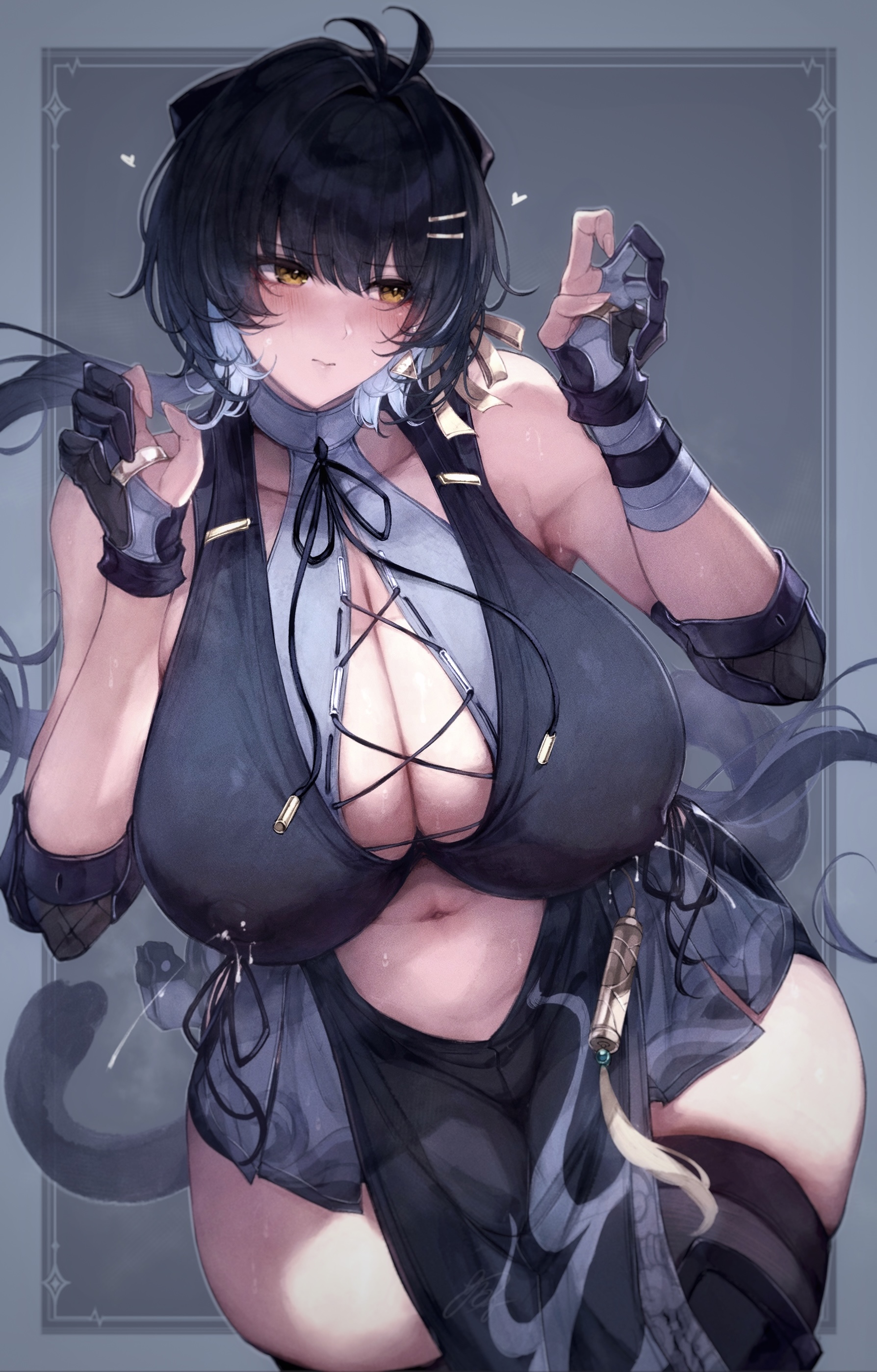 1girls, alna (mu5fal), big breasts, black hair, breasts, cleavage, clothed, clothed female, clothing, female, female focus, female only, female rover (wuthering waves), gigantic breasts, highres, hourglass figure, huge breasts, lactation, lactation through clothes, large breasts, light skin, light-skinned female, looking away, navel, revealing clothes, rover (wuthering waves), solo, solo female, thick thighs, wide hips, wuthering waves, yellow eyes