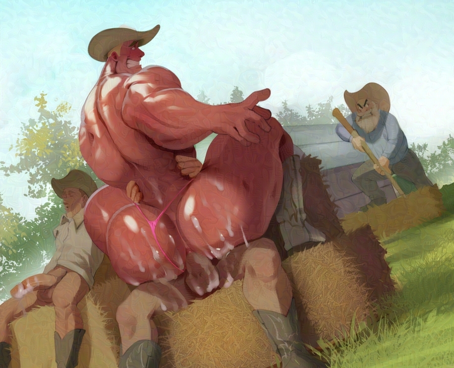 4boys, absolutbleu, ass bigger than head, bara, barn, behind view, biceps, big ass, big penis, blonde hair, blonde male, cowboy, cowboy boots, cowboy hat, cum inside ass, cum on ass, farm, fat ass, gay, hay bales, male, male focus, male only, male/male, muscles, muscular, muscular arms, muscular back, muscular male, muscular thighs, outdoors, penis, pink thong, ranch, riding penis, shiny skin, sloppy seconds, small waist, spread ass, spread legs, sweaty, sweaty ass, sweaty body, tan skin, thick ass, thick thighs, thong, threesome, thunder thighs, yaoi