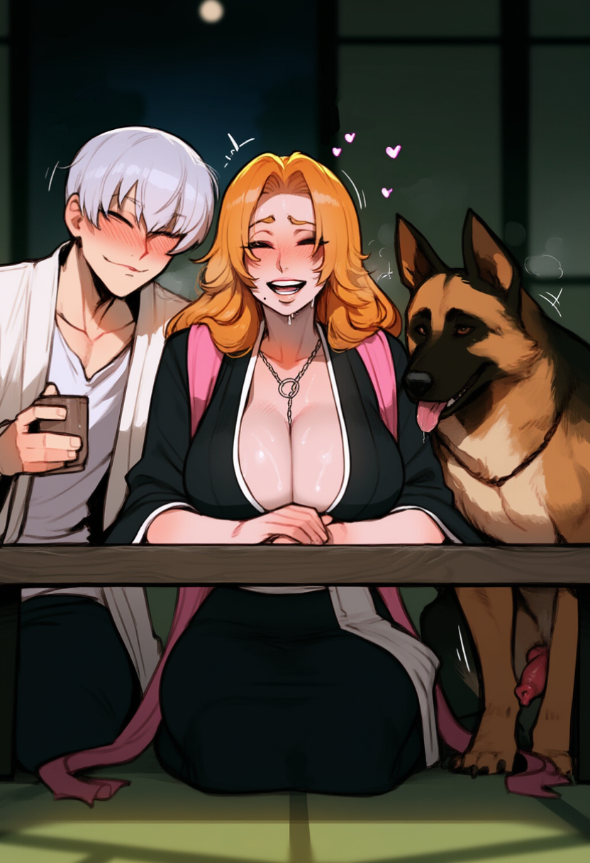 1girls 2boys ai_generated animal_genitalia bleach blush breasts canine canine_penis cheating cleavage couple drinking drunk feral ichimaru_gin implied_cheating implied_netorare interspecies kimono knotted_penis large_breasts laugh matsumoto_rangiku mature_female mole mole_under_mouth netorare ntr rangiku_matsumoto sweat yumerush zoophilia