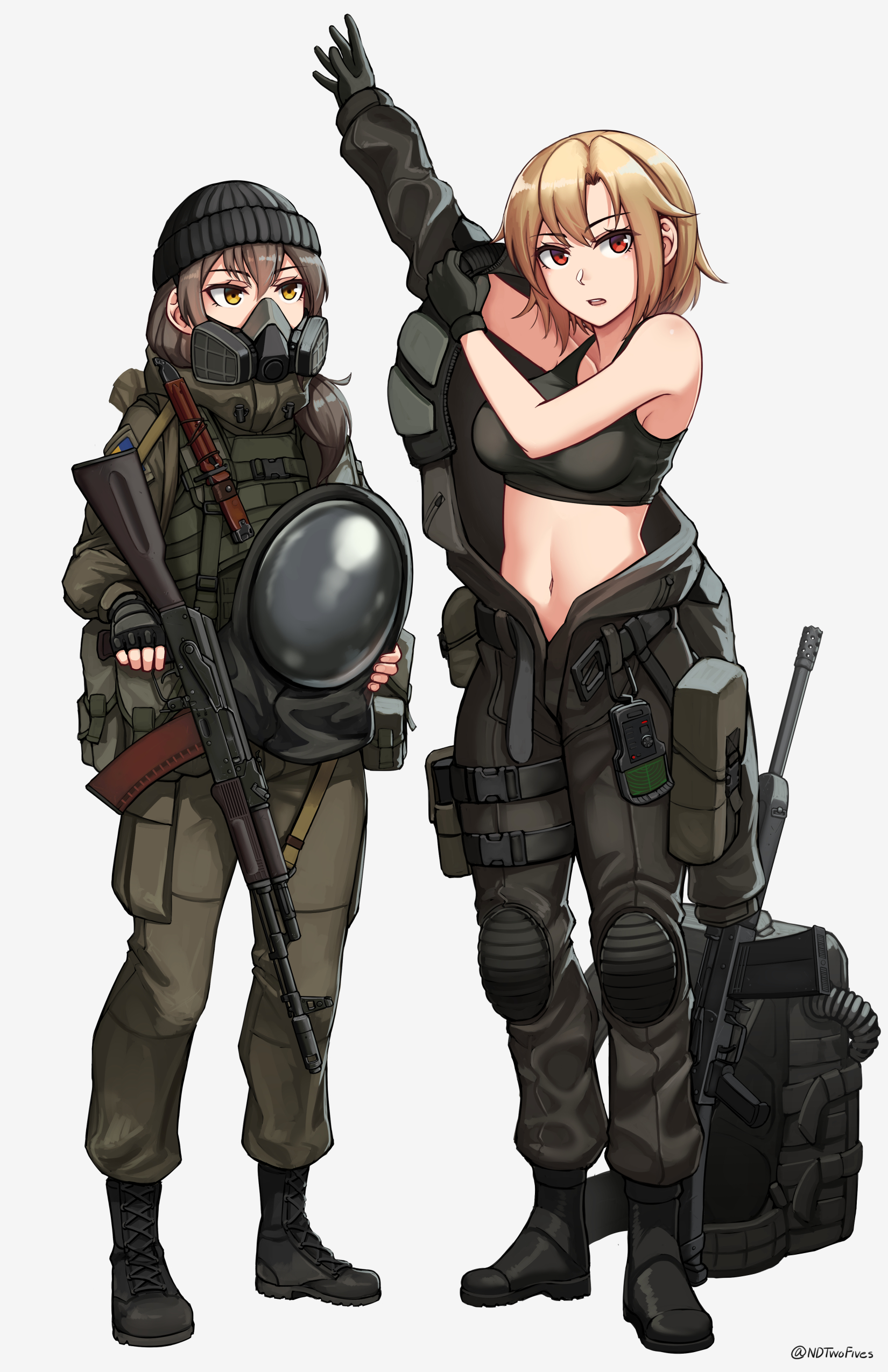 2d, 2girls, anomaly detector, artist name, artist signature, big breasts, blonde hair, breasts, female, female only, gas mask, gun, military uniform, ndtwofives, putting clothes on, s.t.a.l.k.e.r., s.t.a.l.k.e.r. (character), s.t.a.l.k.e.r. 2: heart of chornobyl, short hair