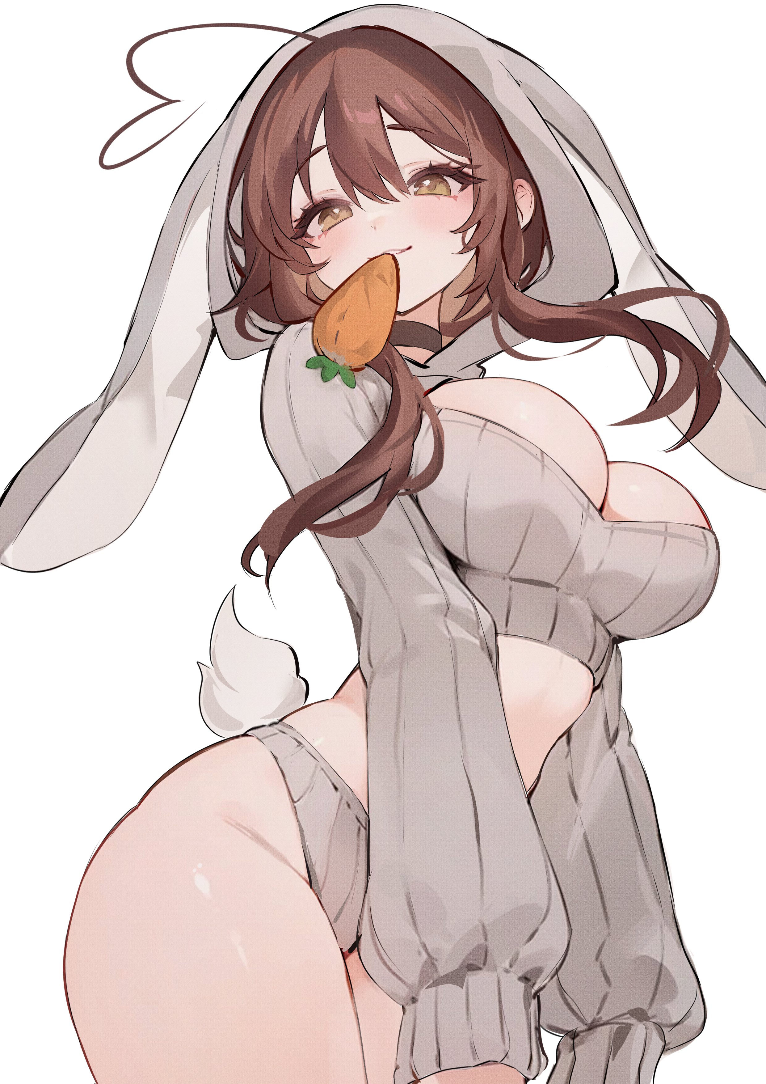 1girls, blush, breasts, brown hair, bunny ears, bunny tail, cleavage, female, female focus, female only, heart-shaped pupils, large breasts, long hair, looking at viewer, original, simple background, sky (skyaboveme), solo, thick thighs, thighs, virtual youtuber, white background, wide hips, woppu (woppuru)
