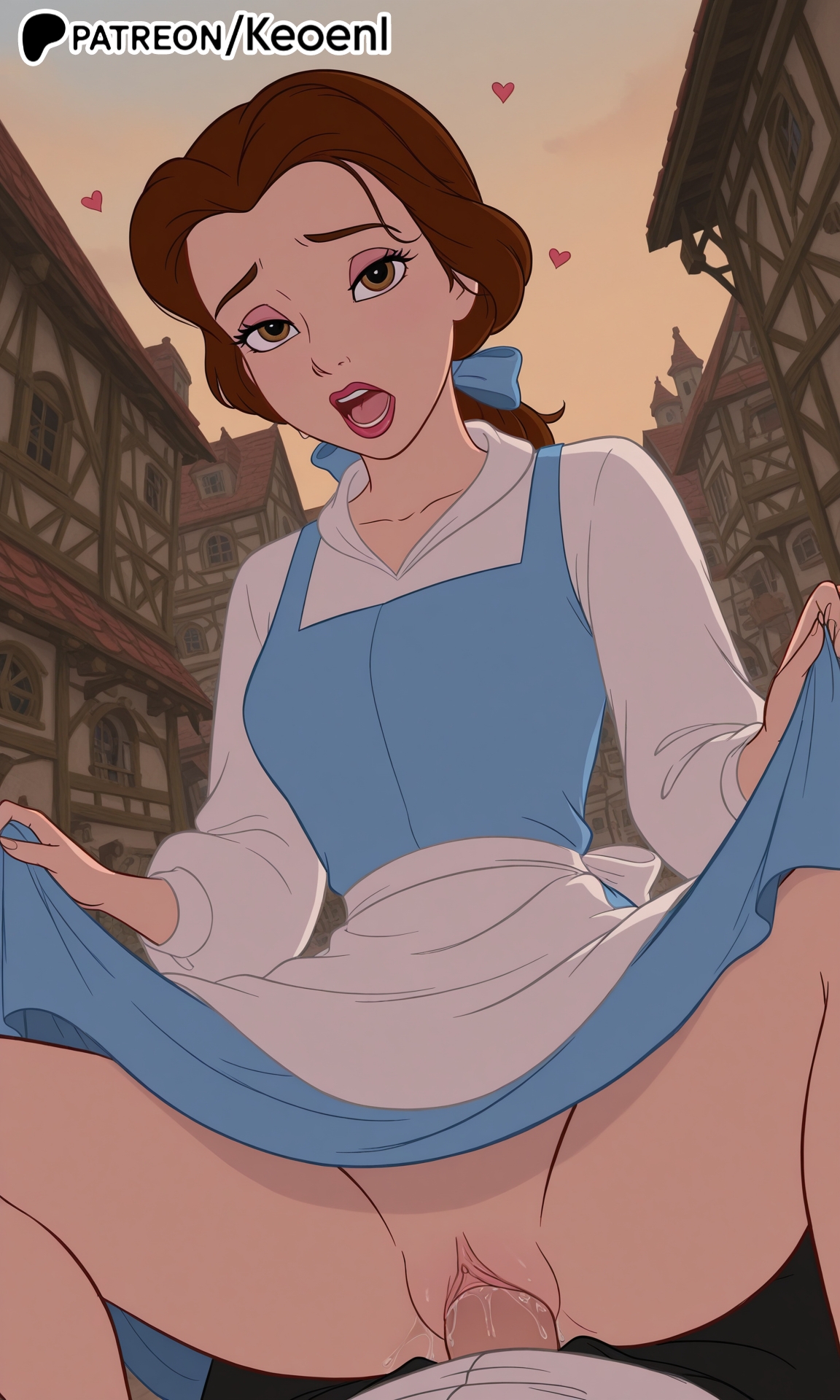 1boy, 1girls, accurate art style, ai female, ai generated, beauty and the beast (1991 film), belle (beauty and the beast), blue dress, blush, breasts, brown hair, clitoris, cowgirl position, day, disney, disney princess, dress, dress lift, exposed pussy, eyeshadow, female, female on top, hairbow, heart, hi res, indoors, keoenl, lifting skirt, lipstick, long sleeves, low ponytail, makeup, male, medium breasts, open mouth, patreon, penis, pov, public, public sex, pussy, pussy juice, sex, solo focus, straddling, straight, vaginal penetration, vaginal sex, village, walt disney, wet pussy