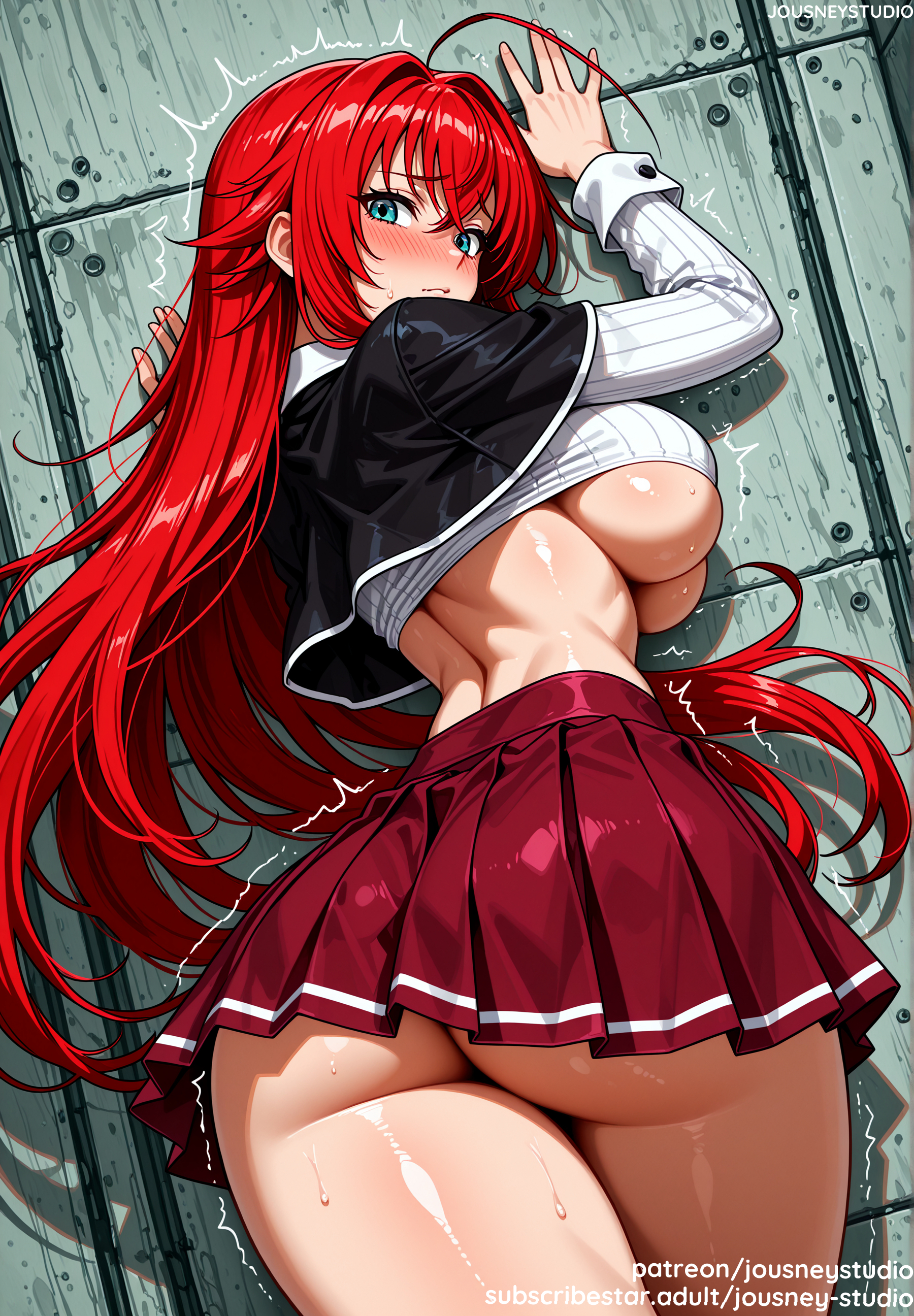 1girls, against wall, ahoge, ai generated, ass, ass focus, bangs, big ass, big breasts, black jacket, blue eyes, blush, breasts, clothes lift, clothing, crossed bangs, curvaceous, female, female only, from behind, hair between eyes, hair intakes, high school dxd, huge ass, indoors, jacket, jousneystudio, large breasts, light skin, light-skinned female, long hair, long sleeves, looking at viewer, looking back, miniskirt, navel, pleated skirt, red hair, red skirt, rias gremory, school uniform, shiny skin, shirt, skirt, solo, standing, sweat, thick thighs, thighs, trembling, underboob, uniform, very long hair, wet, white shirt