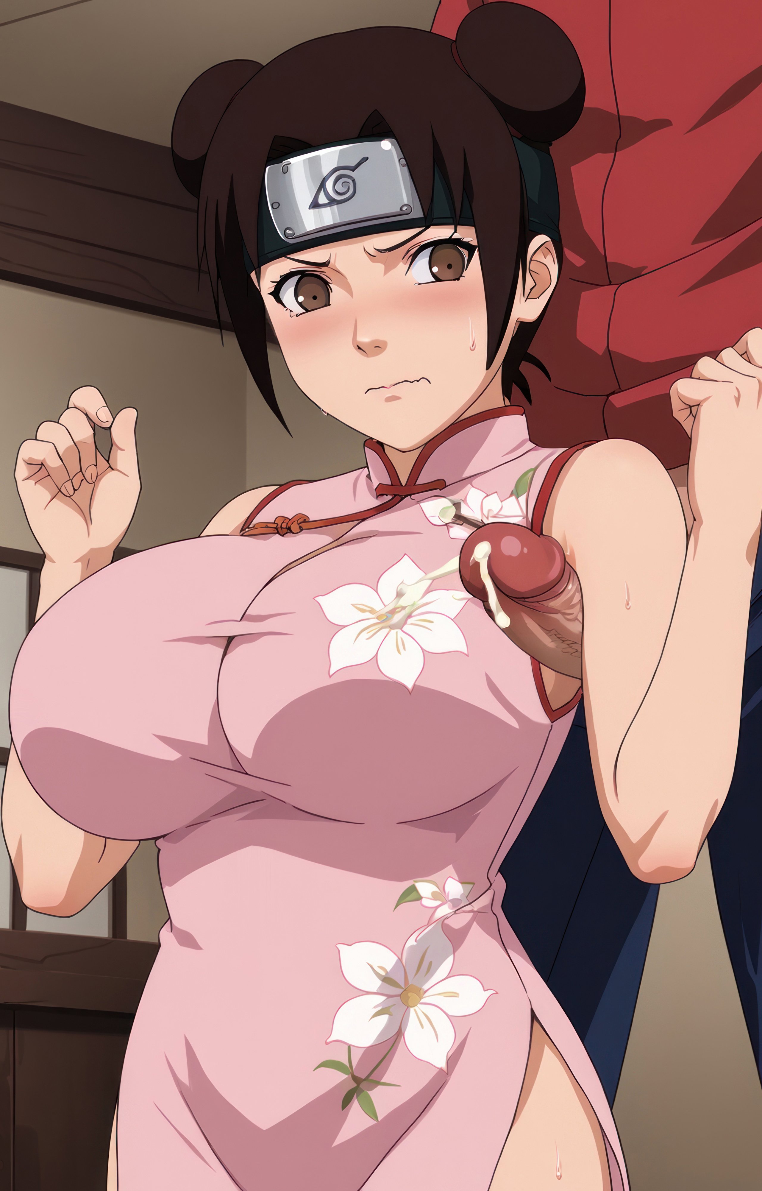 1boy, 1girls, after ejaculation, after orgasm, ai female, ai generated, ai-created, aindroidparanoid, alternative bust size, armpit fetish, armpit sex, armpits, bare arms, bare thighs, black forehead protector, blush, breasts, brown eyes, brown hair, china dress, chinese clothes, clothed female, clothed female clothed male, clothed male, clothed sex, clothing, cockpit, dark brown hair, double bun, double hair bun, dress, dripping semen, enlarged breasts, female, fetish, floral print, genital fluids, hair bun, head out of frame, heavy blush, high resolution, indoors, jeans, konohagakure symbol, kunoichi, large breasts, large penis, leaking semen, looking at penis, male, naruto, naruto (classic), naruto (series), nose blush, official style, outercourse, pelvic curtain, penis, pink china dress, red shirt, semen, semen on body, semen on breasts, semen on chest, semen on clothes, semen on upper body, sex, shirt, side slit, side slit dress, sidelocks, sleeveless, smooth armpits, stable diffusion, straight, tan-skinned male, tenten, thighs, tied hair, topaz a.i. gigapixel, traditional clothes, uncensored, uncensored penis, unzipped pants, very high resolution, wavy mouth
