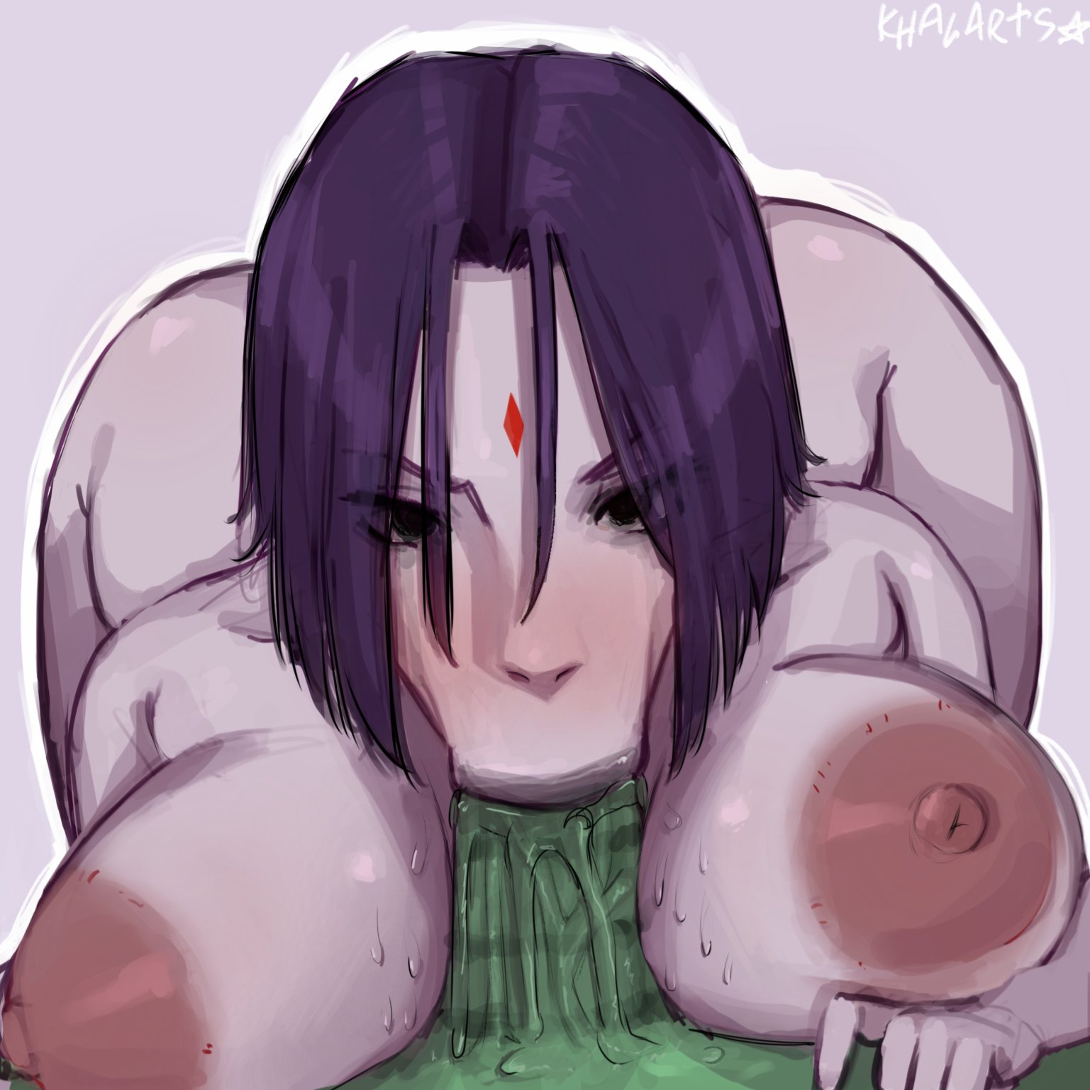 :>=, 1boy, 1girls, beast boy, breasts, dc, dc comics, fellatio, female, green skin, huge breasts, khalarts, large breasts, male, male pov, male/female, oral, pov, raven (dc), teen titans