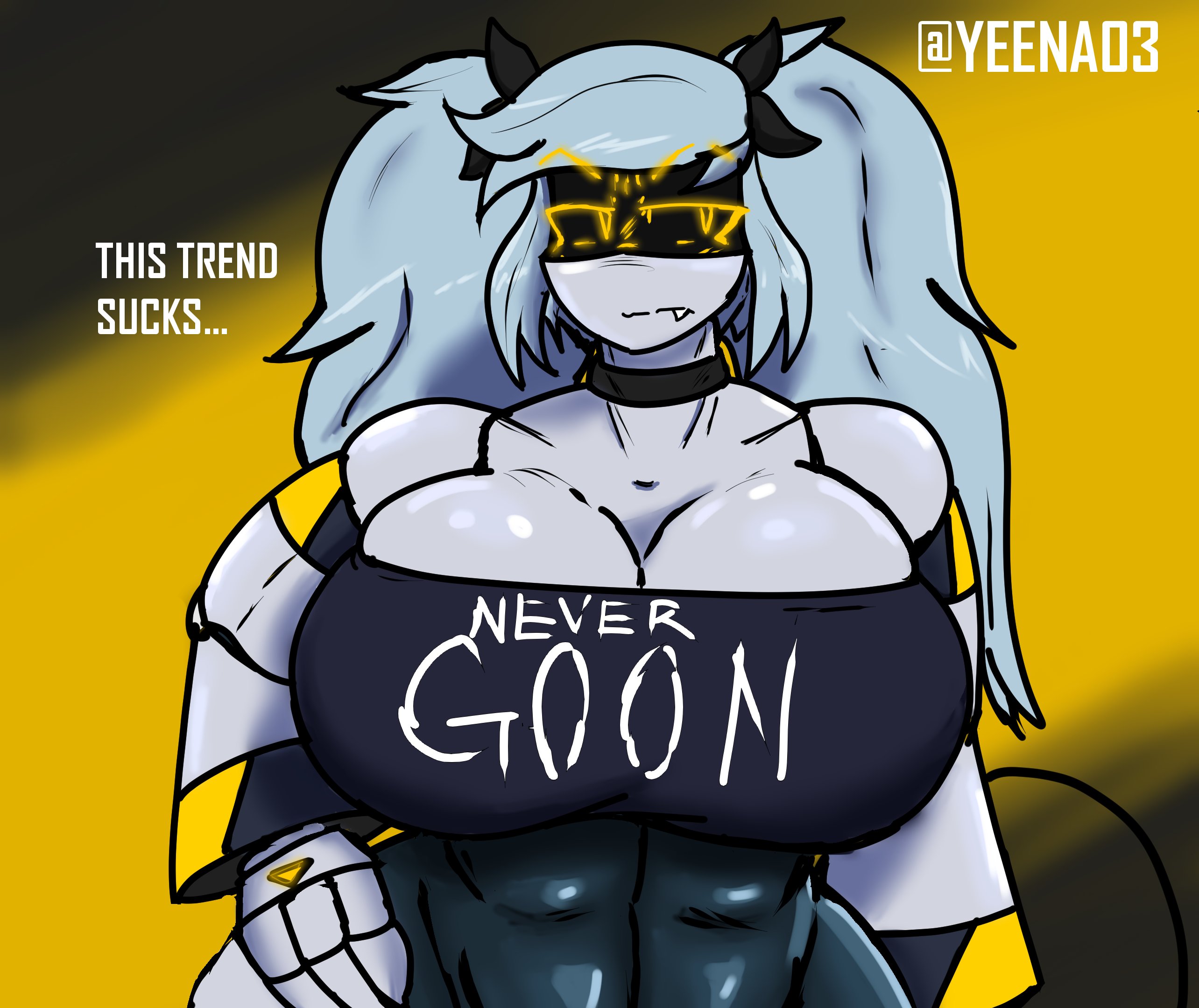 1girls, abs, angry face, ass, big ass, big breasts, big thighs, brainrot, brainrot text, breasts, dialogue, drone, female, female abs, female only, gigantic ass, gigantic breasts, gigantic thighs, huge ass, huge breasts, huge thighs, hyper breasts, j (murder drones), large breasts, murder drones, muscular, muscular female, never goon, robot, robot girl, tagme, text, thick thighs, thighs, twintails, white hair, wide hips, yeena03, yellow eyes