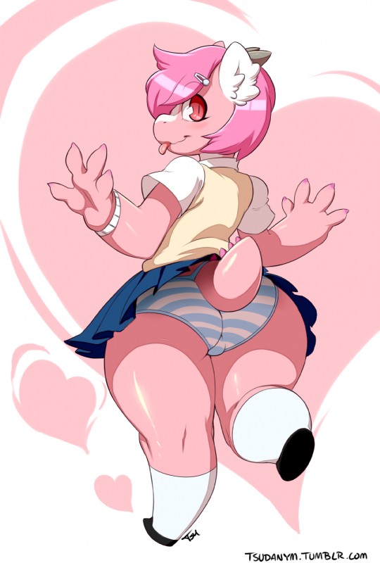 anthro ass big_butt chubby clothing cute dragon female hair hair_ornament loli_dragon_(character) looking_at_viewer panties pink_body pink_eyes pink_hair pink_skin red_eyes skirt solo striped striped_panties sweat tongue tsudanym underwear upskirt young