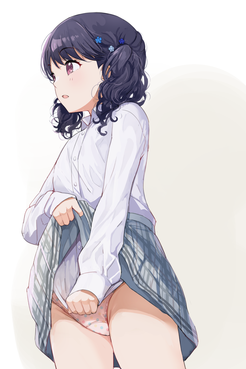 1girls bad_id bad_twitter_id black_hair clothes_lift commentary covering_crotch covering_privates curly_hair flower fukumaru_koito grey_skirt hair_flower hair_ornament highres hiroki_(yyqw7151) idolmaster idolmaster_shiny_colors long_hair long_sleeves looking_away panties plaid_clothes plaid_skirt pleated_skirt polka_dot polka_dot_panties purple_eyes school_uniform shirt skirt skirt_lift sleeves_past_wrists solo twintails underwear white_background white_panties white_shirt yyqw7151