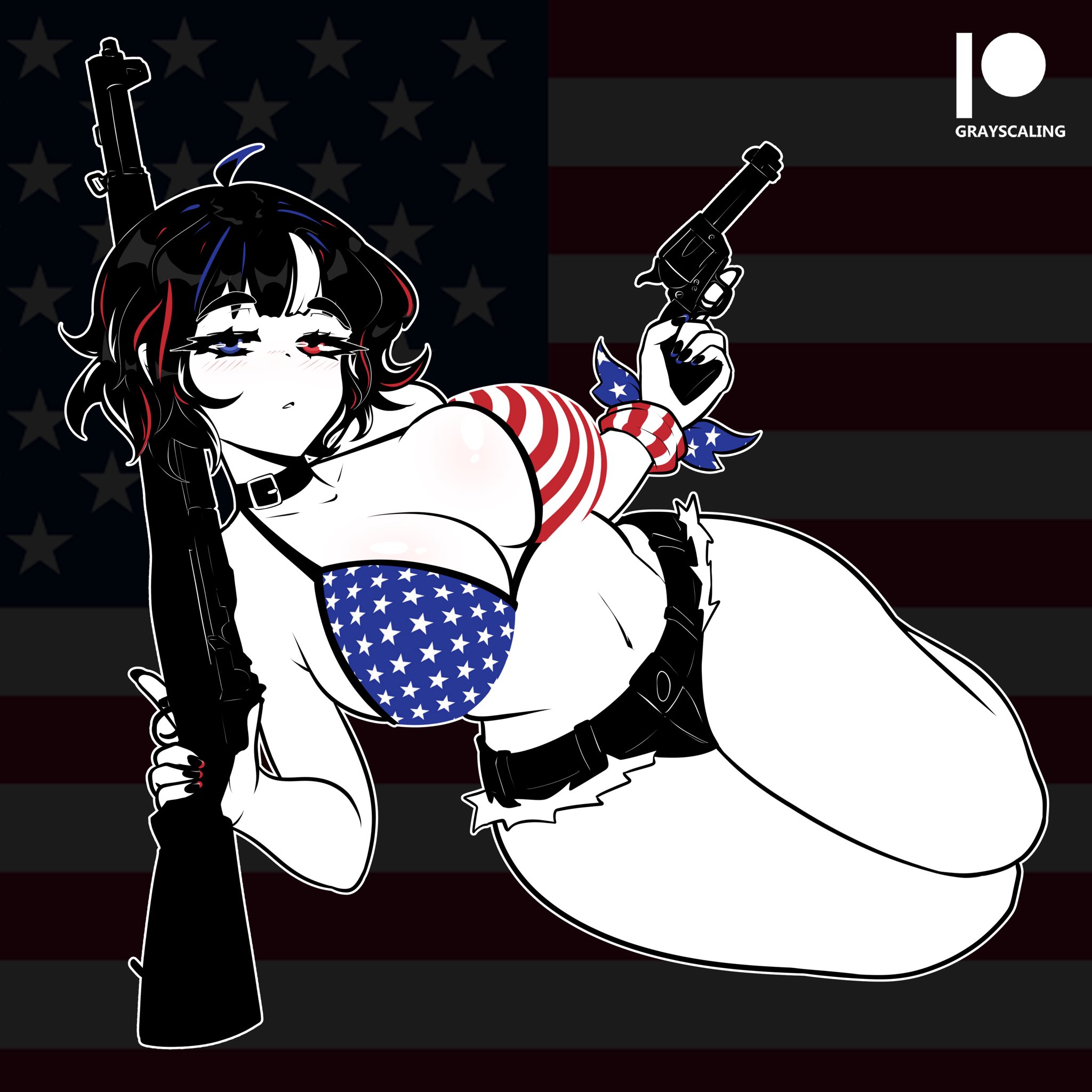 1girls, ahoge, american flag bikini, bikini, bikini top, bikini top only, breasts, choker, cleavage, clothing, female, female only, firearm, flag print, gray scaling (artist), gun, handgun, heterochromia, holding gun, huge breasts, human, large breasts, multicolored hair, pale skin, revolver, shotgun, solo, swimsuit, swimwear, thick thighs, trigger discipline, weapon