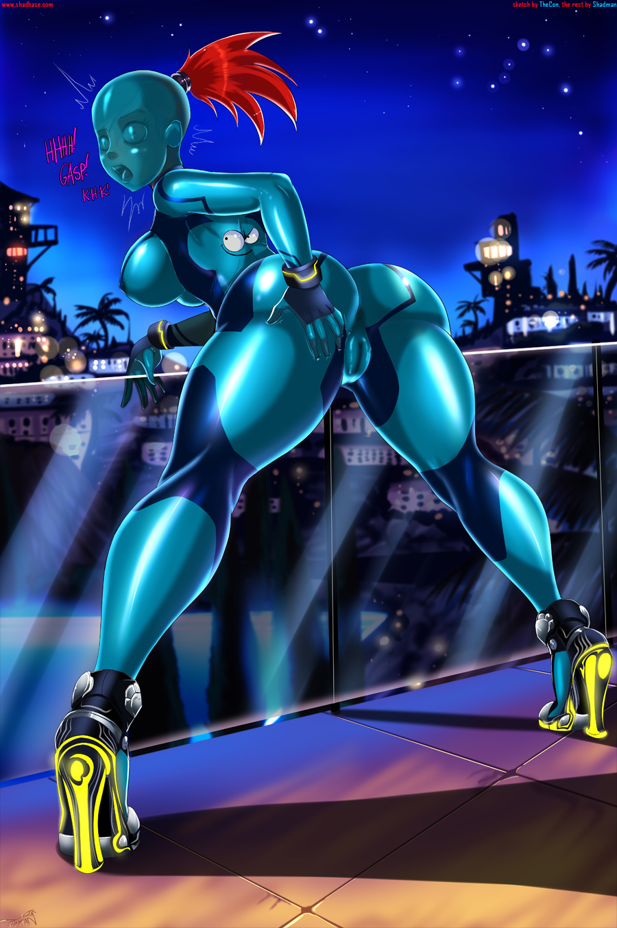 1girls, arched back, asphyxiation, ass, bent over, bloo, bodysuit, breasts, cameltoe, cartoon network, clothes, color, cosplay, crossover, english text, female, footwear, foster's home for imaginary friends, frankie foster, gloves, heels, high heels, highres, huge ass, human, large ass, large breasts, leaning forward, living clothes, male, metroid, night, nintendo, nipples, open mouth, outdoors, presenting, presenting hindquarters, pussy, rocket heels, samus aran (cosplay), shadman, shoes, sideboob, skin tight, smile, spread legs, standing, straight, suffocation, text, thecon, video game, zero suit