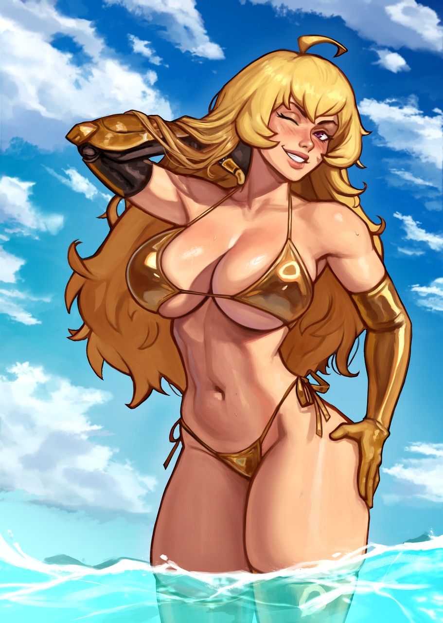 1girls, akeowi, beach, bikini, blonde hair, blush, breasts, female, female only, huge breasts, long gloves, long hair, prosthetic arm, robotic arm, rwby, standing in water, thick thighs, voluptuous, wink, yang xiao long